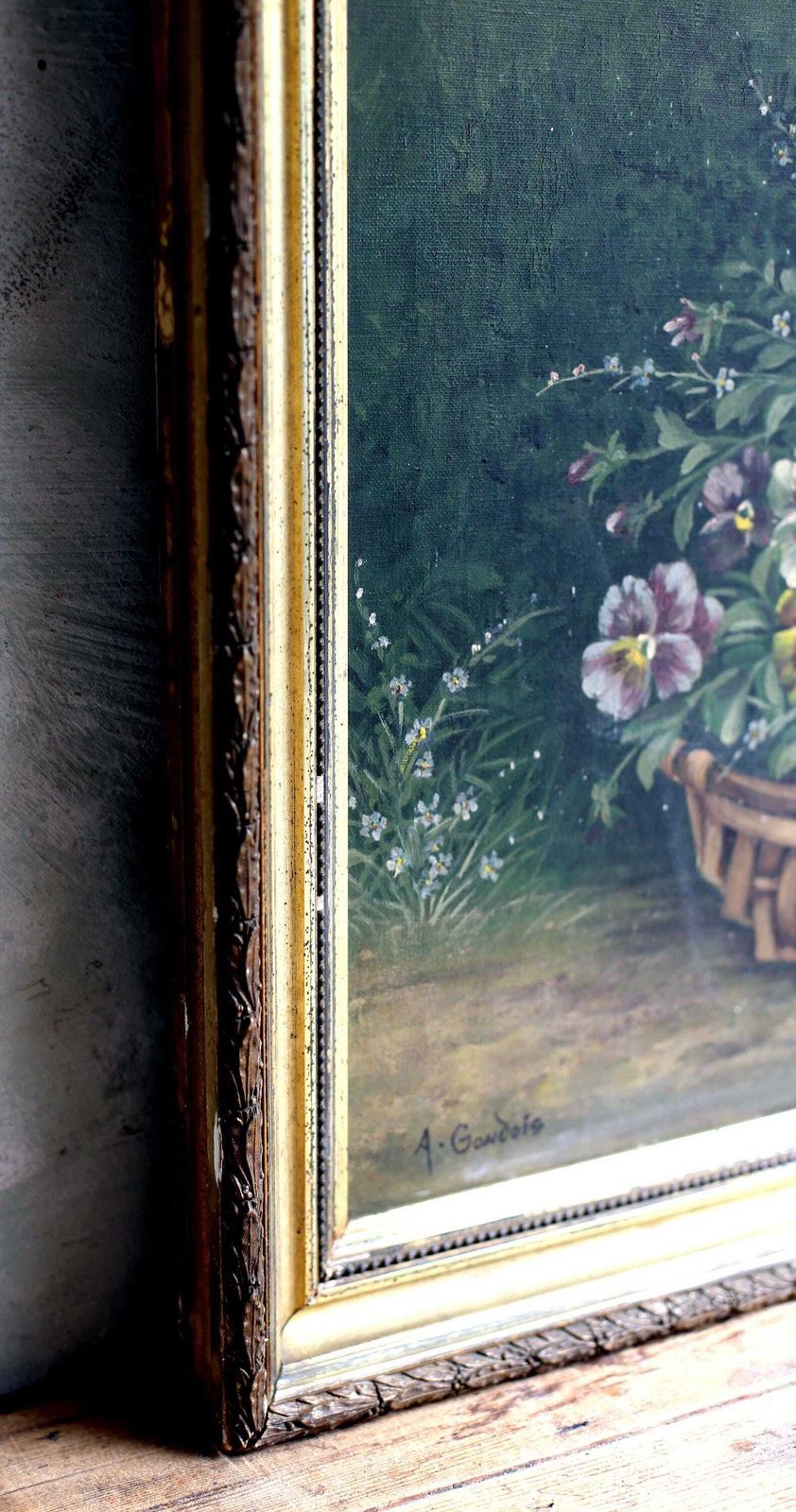 Original Antique French Oil Painting Flowers Framed Still Life Pansies Auguste Gondois photo vintage