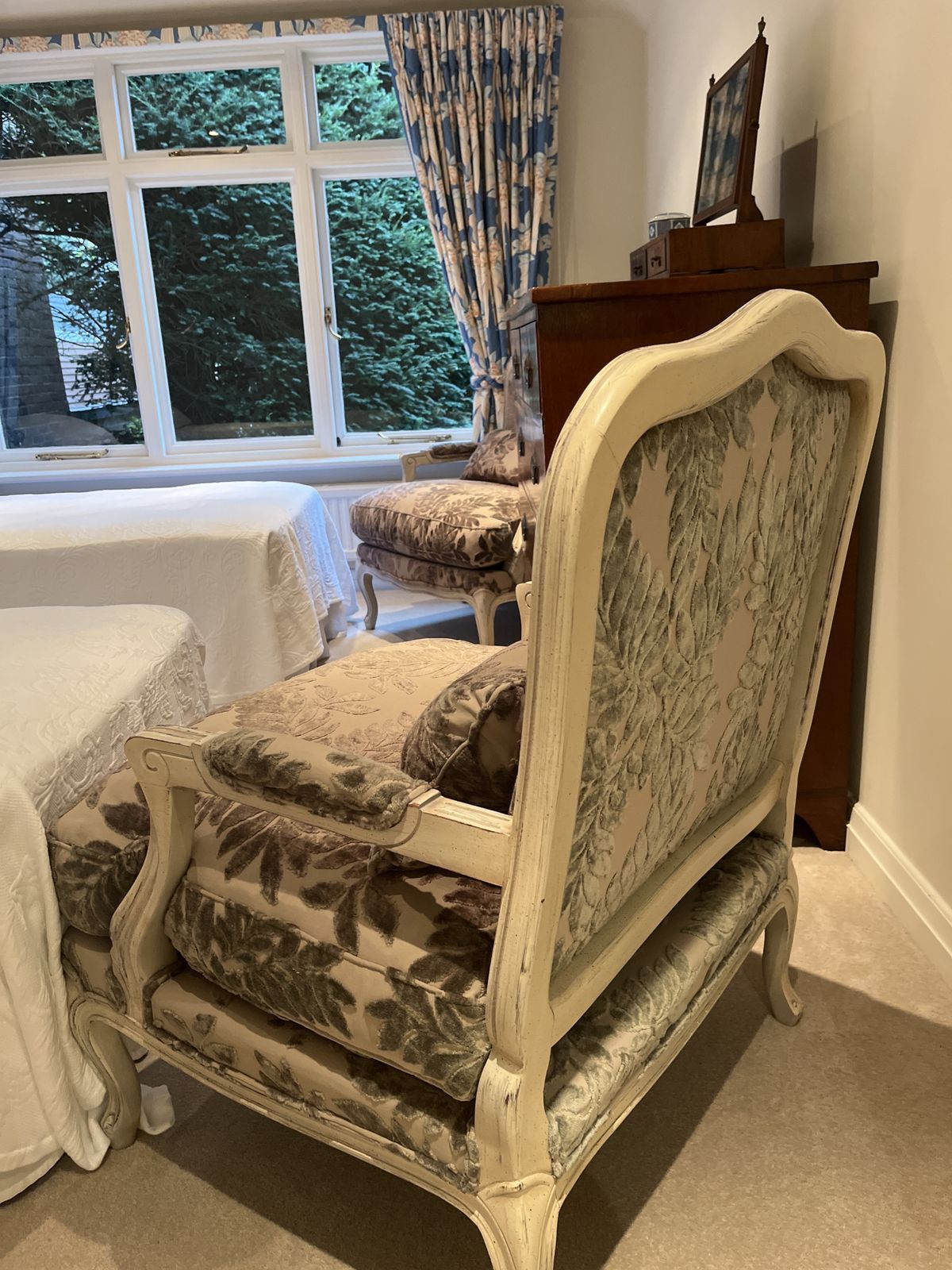 2 Upholstered Open Arm Chairs With Distressed Wooden Frames In The Style Of Louise Vx1 photo Furniture