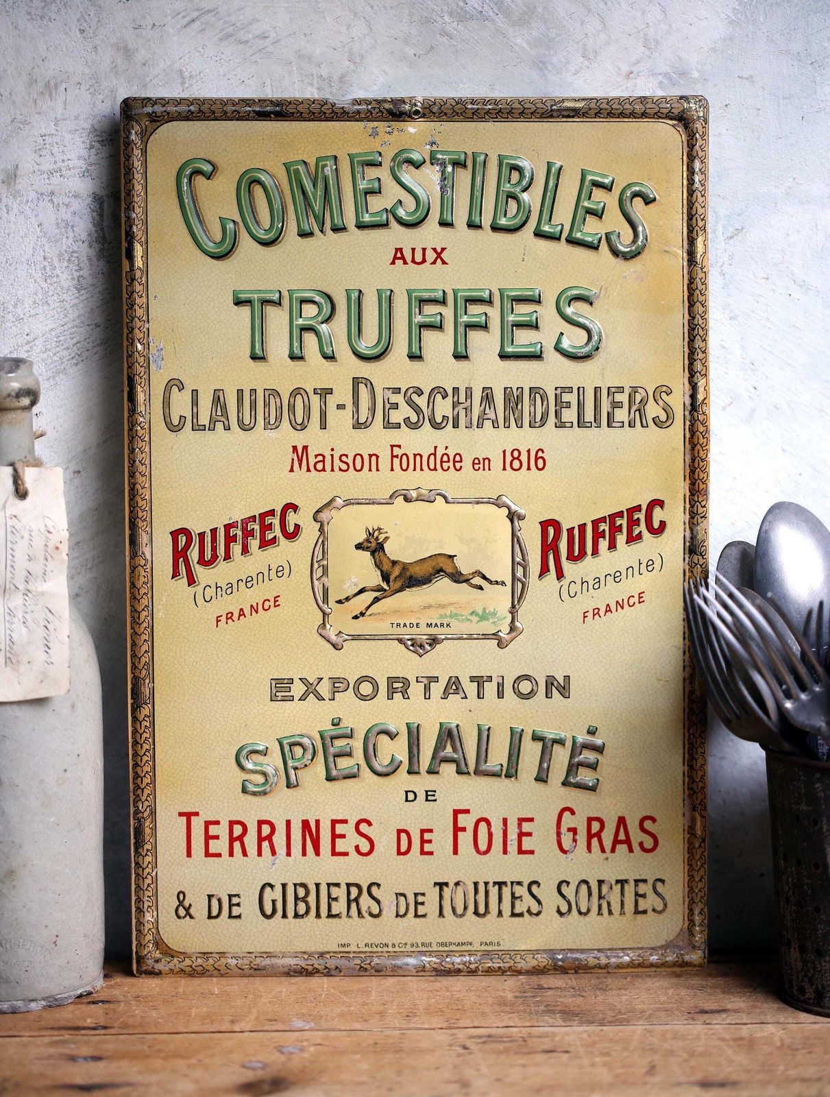Antique Comestibles Aux Truffes Tin Sign French Billboard Tin Advertising Kitchen Plaque 1910 Truffles photo furniture