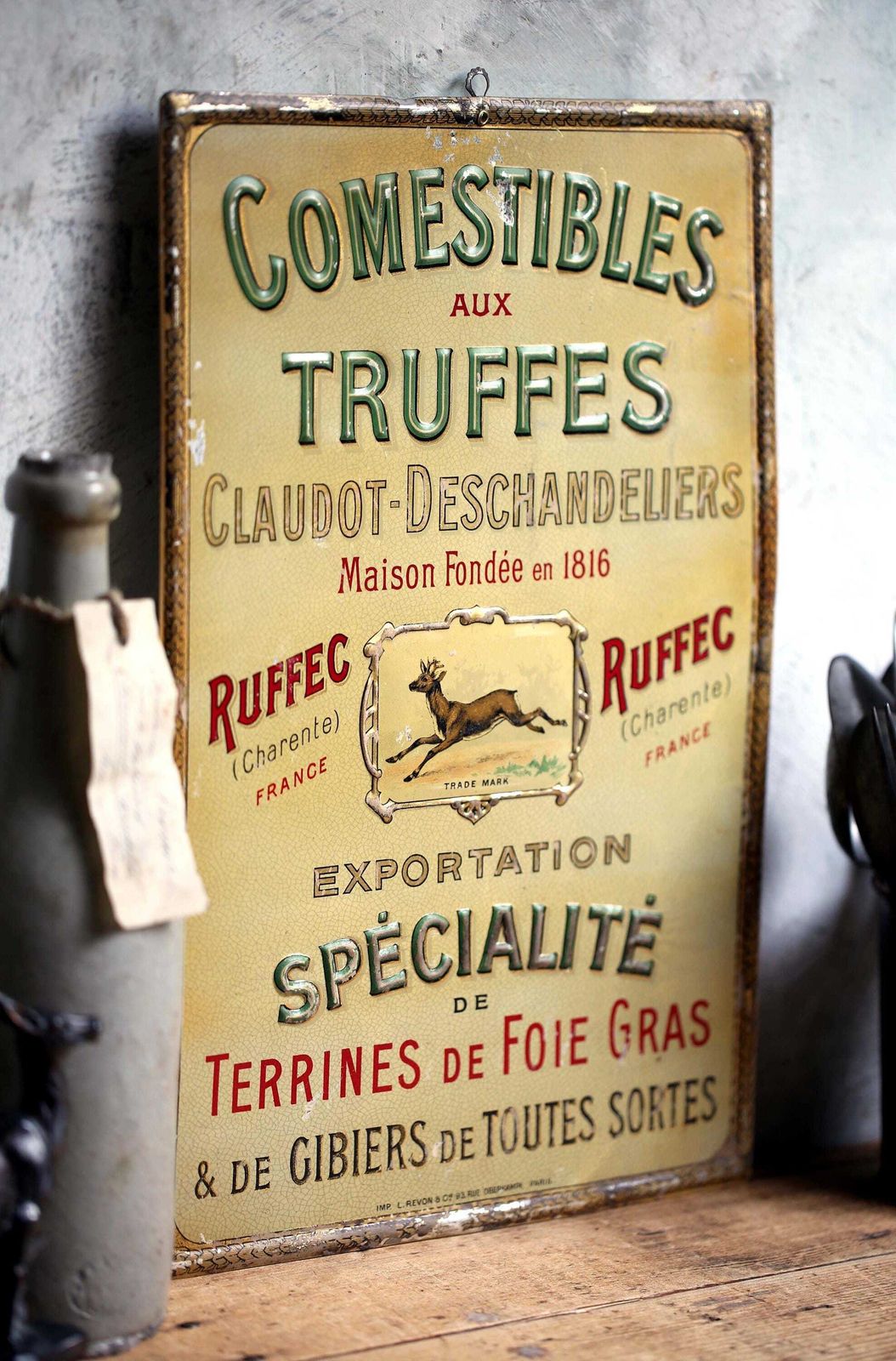 photo furniture Antique Comestibles Aux Truffes Tin Sign French Billboard Tin Advertising Kitchen Plaque 1910 Truffles