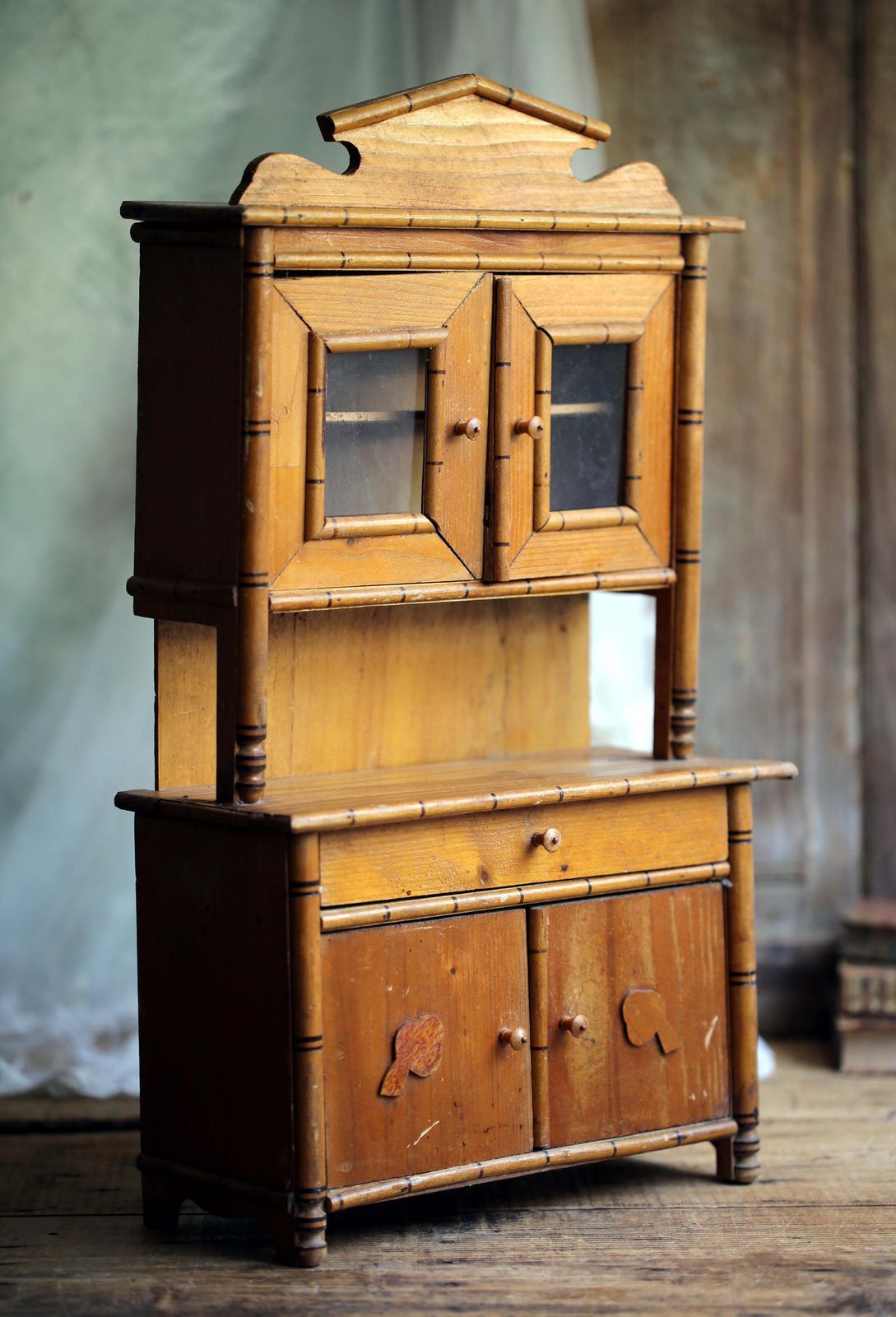 French Vintage Toy Dresser Child Faux Bamboo Hutch Small Wooden Miniature Furniture photo for sale