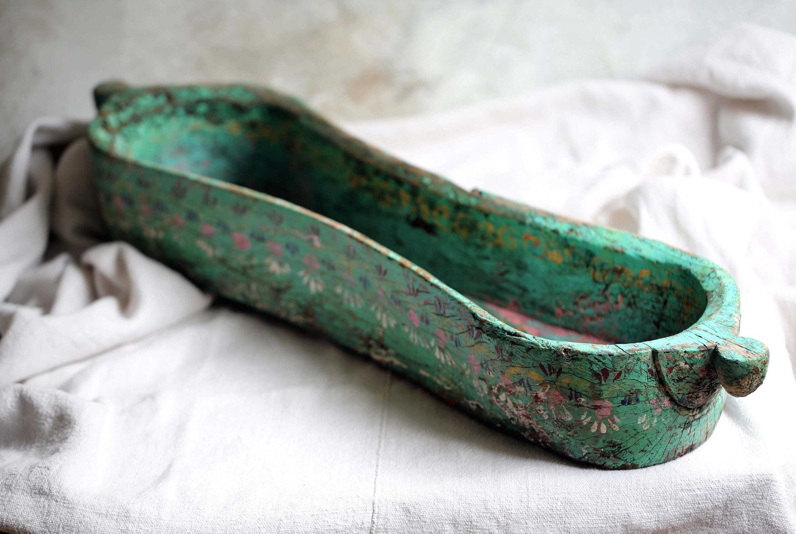 Antique Indian Folk Art Window Box: Hand Carved Floral Jardiniere