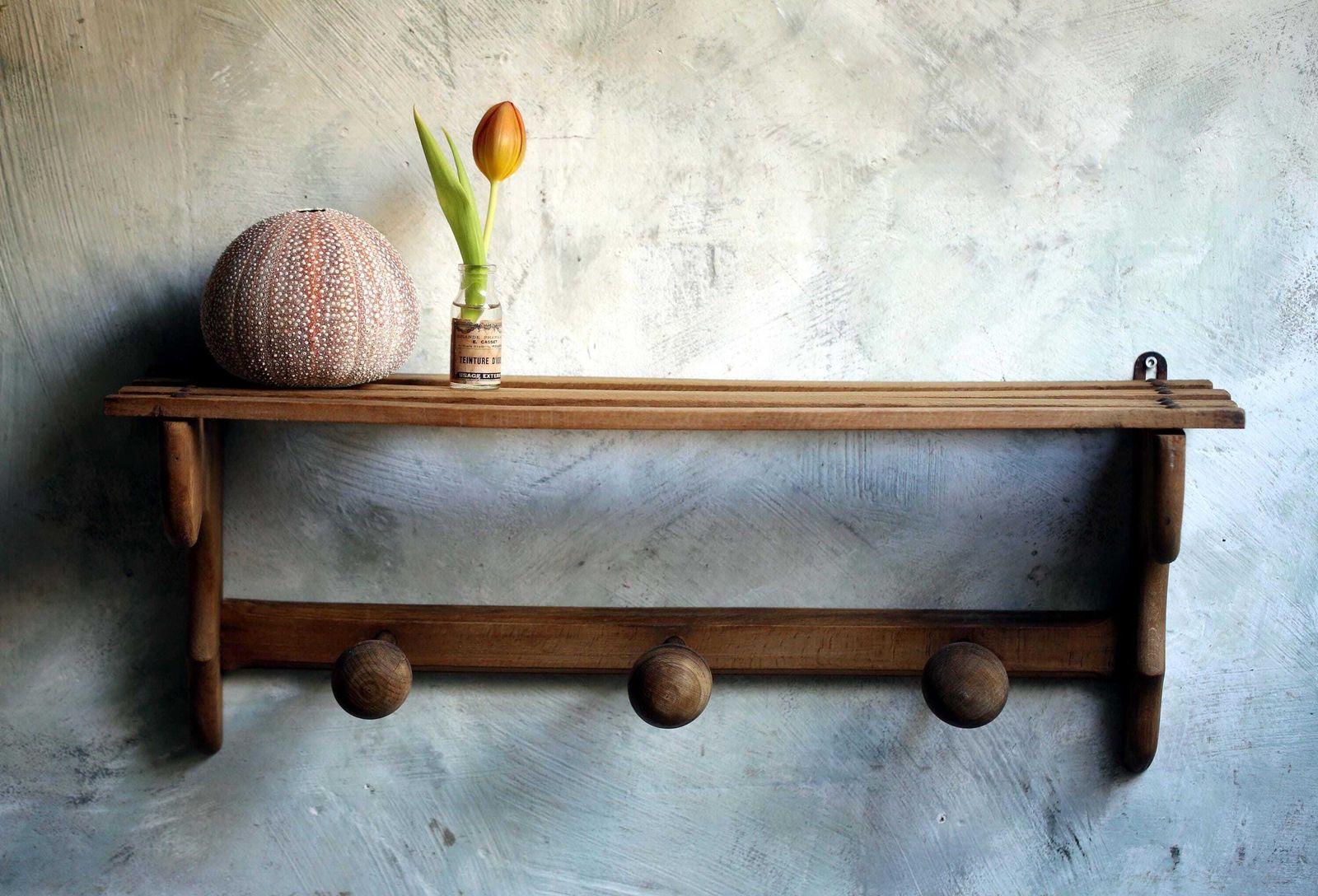photo furniture Antique French Coat Rack With 3 Pegs & Shelf Wooden Hat Hooks