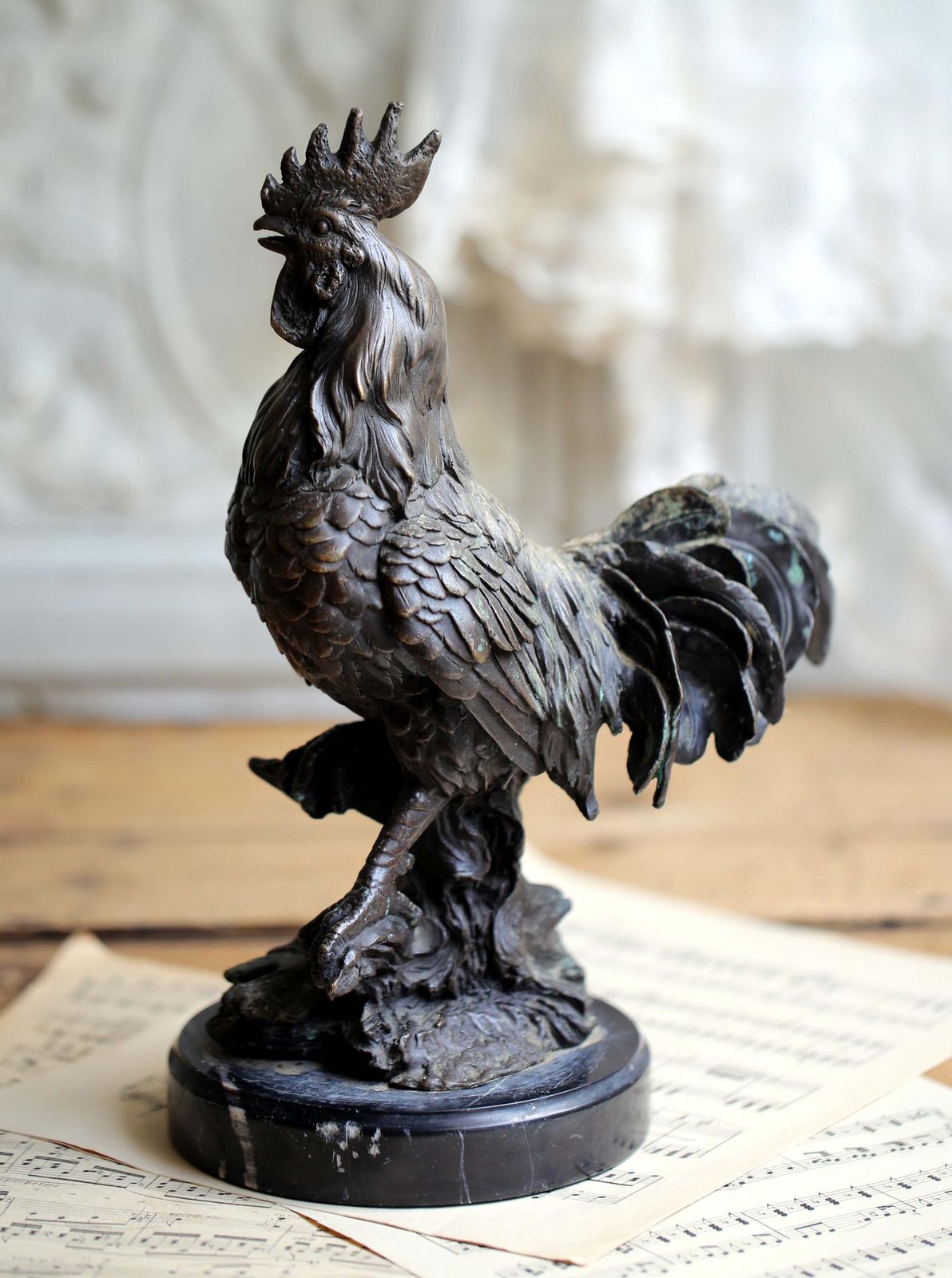 Antique Bronze Cockerel Statue French Rooster Figurine With Marble Base Art Nouveau photo buy