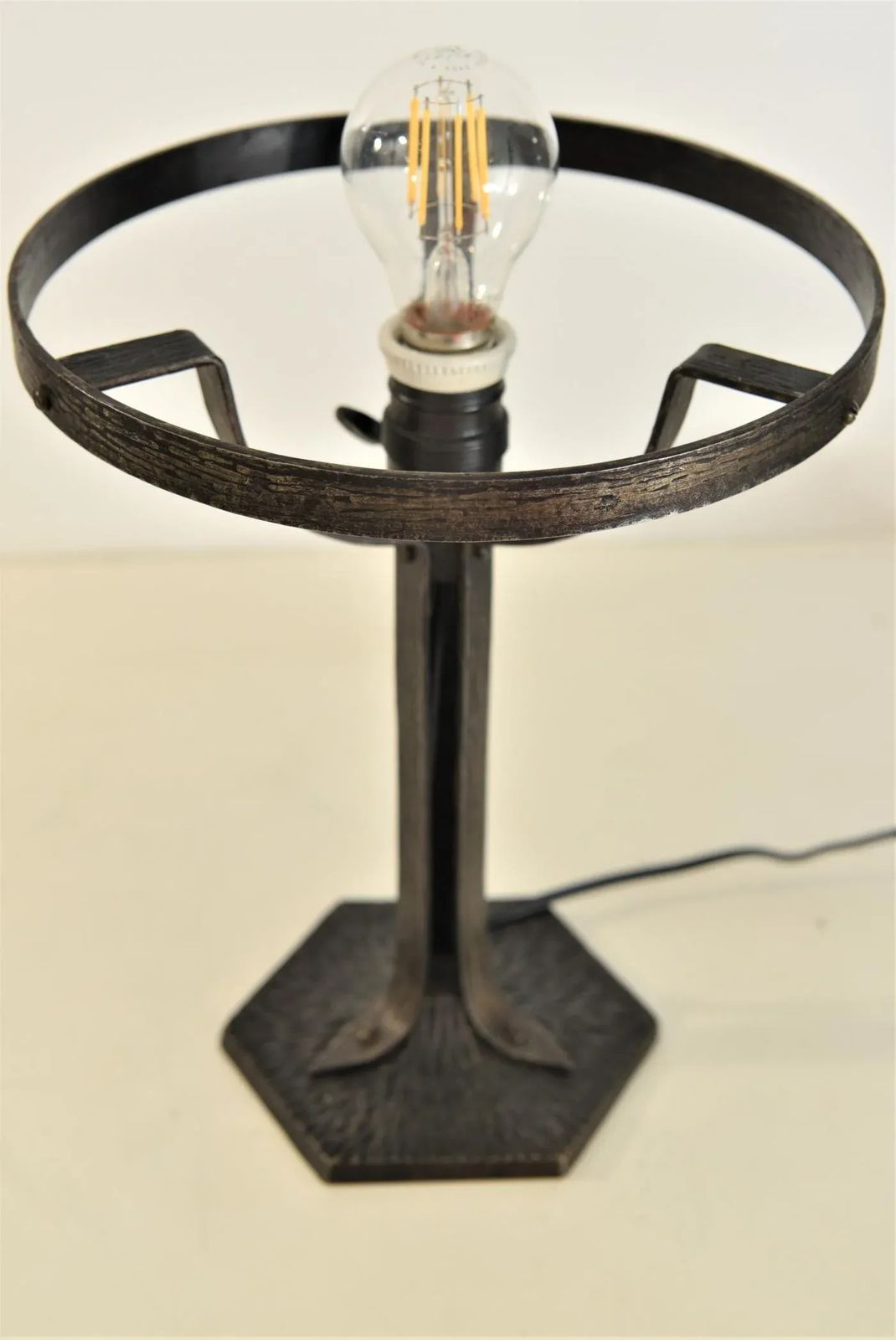 photo for sale Art Nouveau Wrought Iron And Glass Table Lamp From Jugendstil, Sweden, 1920s