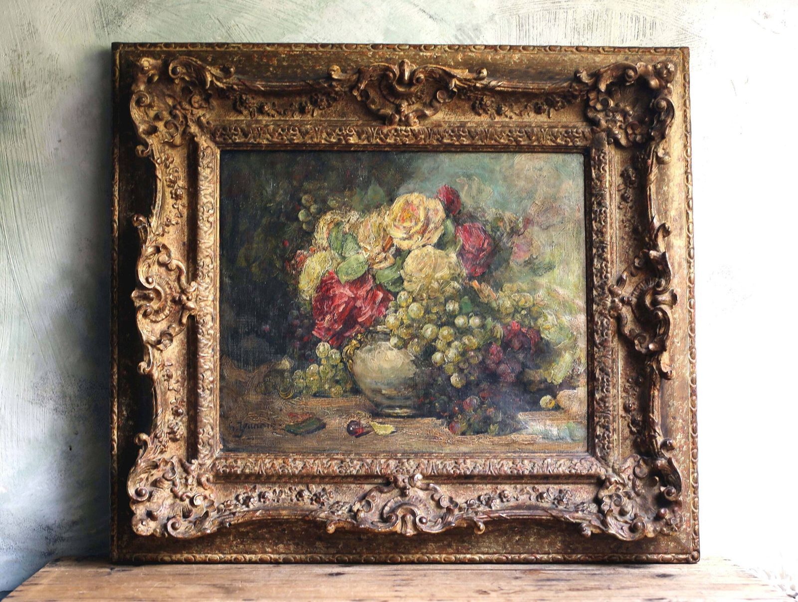 Antique Floral Oil Painting: Georges Jeannin French Still Life, Roses, Framed Canvas Art