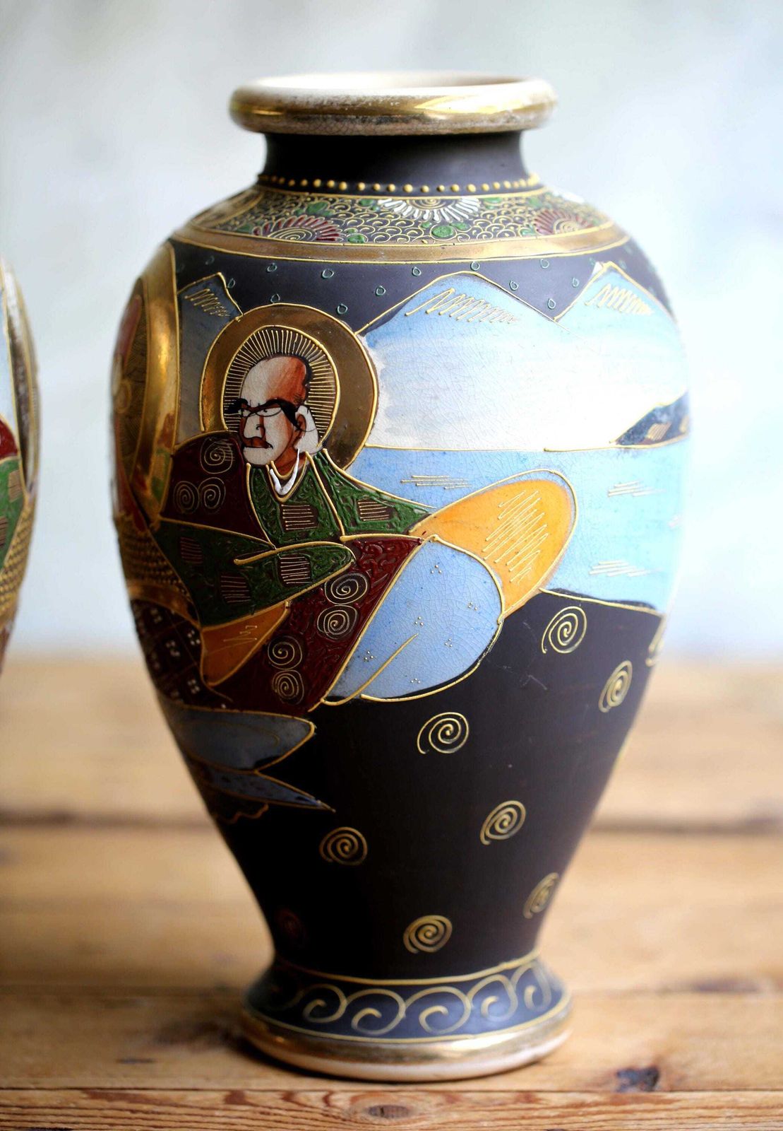 Pair Of Antique Maji Satsuma Ware Vases Large Porcelain Ikebana Urns Yaki Moriage photo 441.0