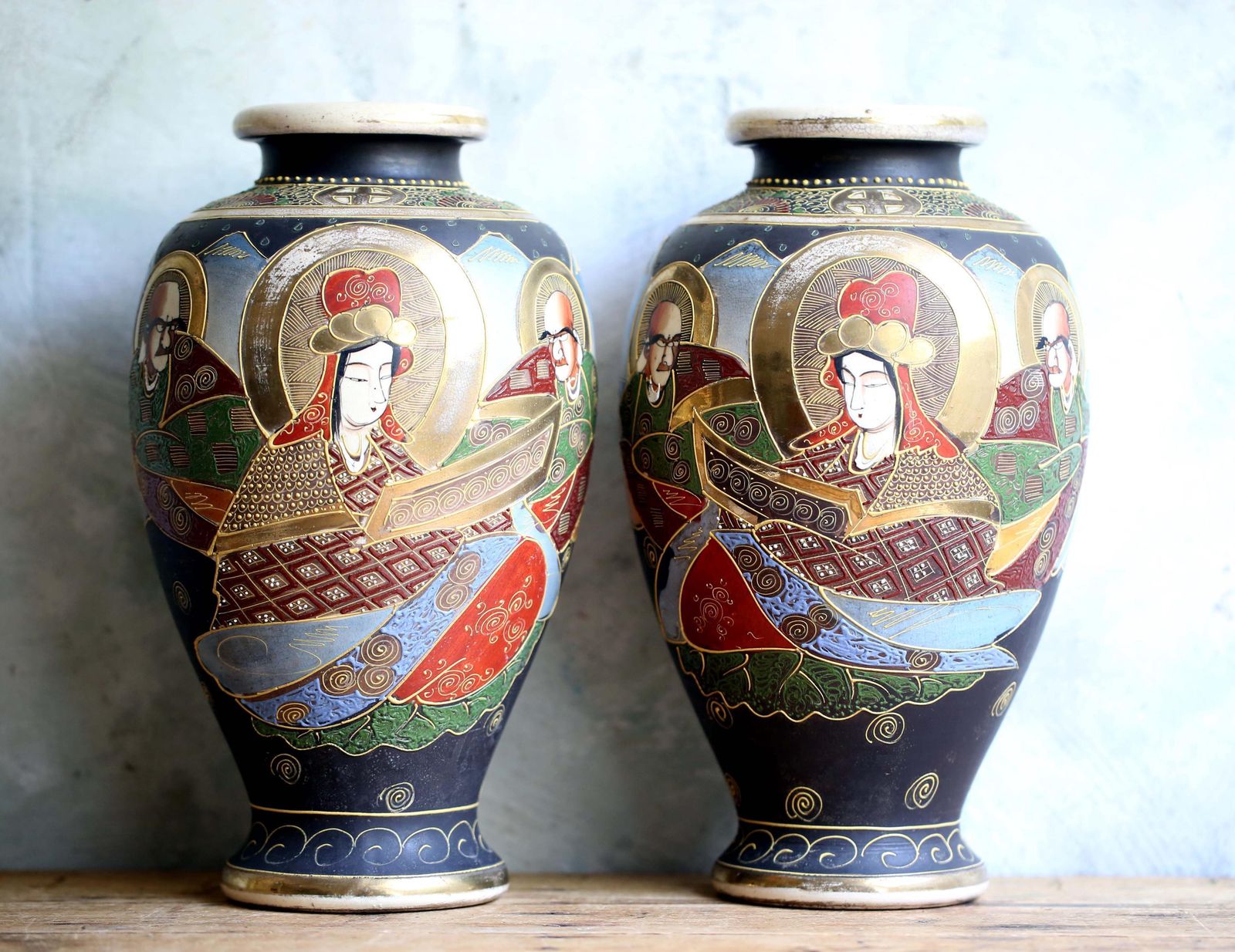 Pair Of Antique Maji Satsuma Ware Vases Large Porcelain Ikebana Urns Yaki Moriage photo vintage