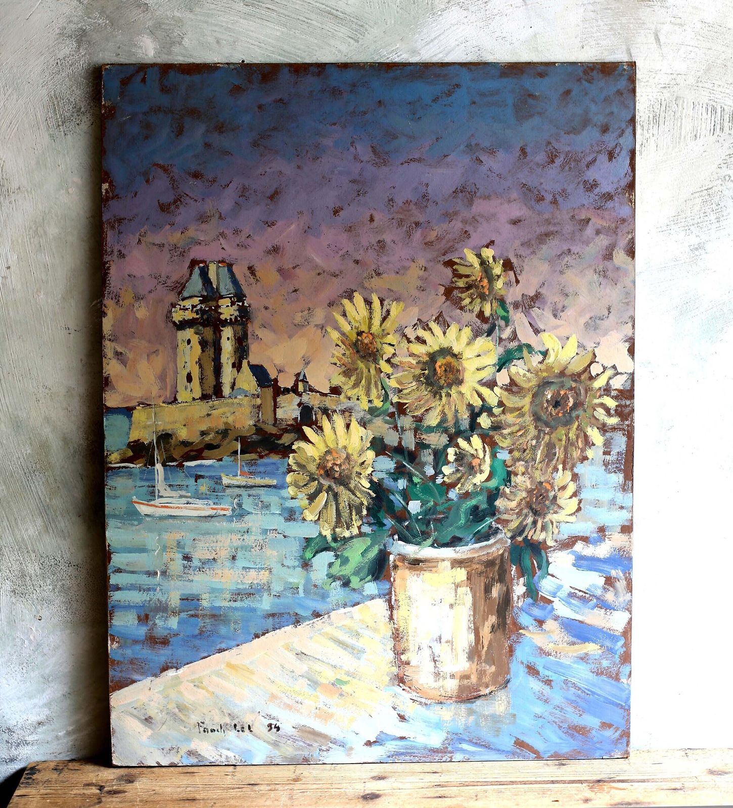 French Impressionist Sunflower Oil Painting: Tour Solidor Seascape