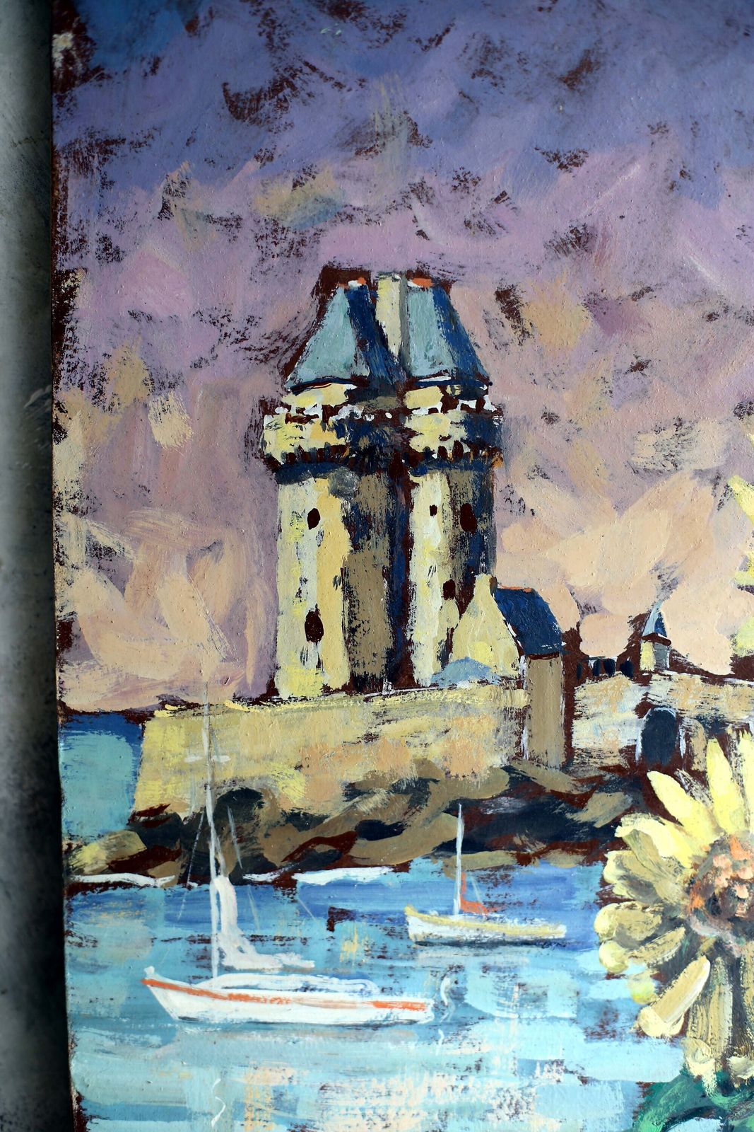 French Impressionist Sunflower Oil Painting: Tour Solidor Seascape photo for sale