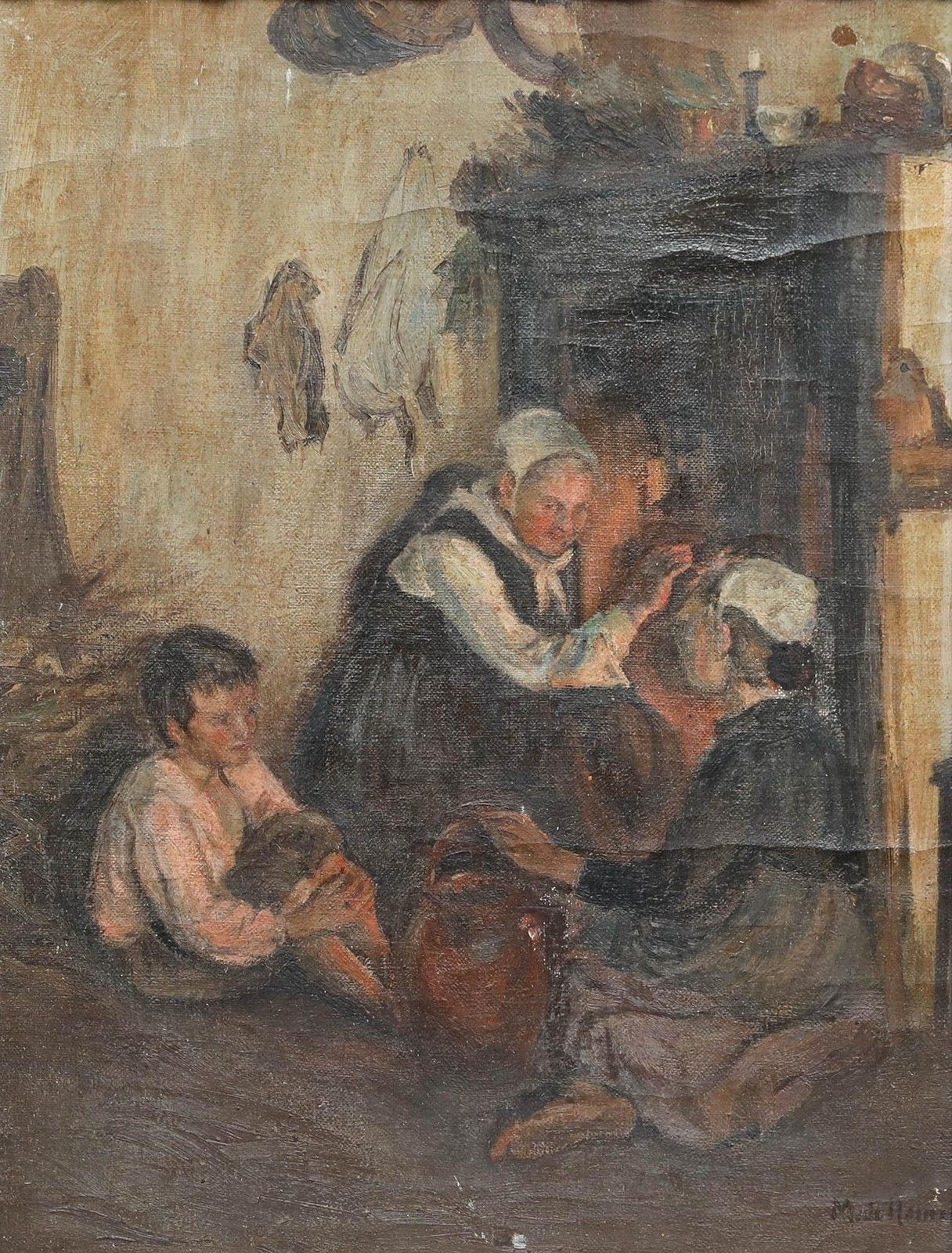 Late 19th Century Oil Gathered Around The Fire photo furniture