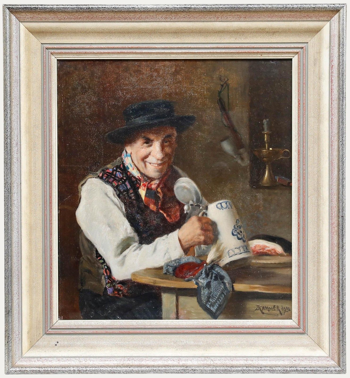 Ludwig Kandler (1856 1927) Framed 1924 Oil, Drinker In The Jazzy Waistcoat