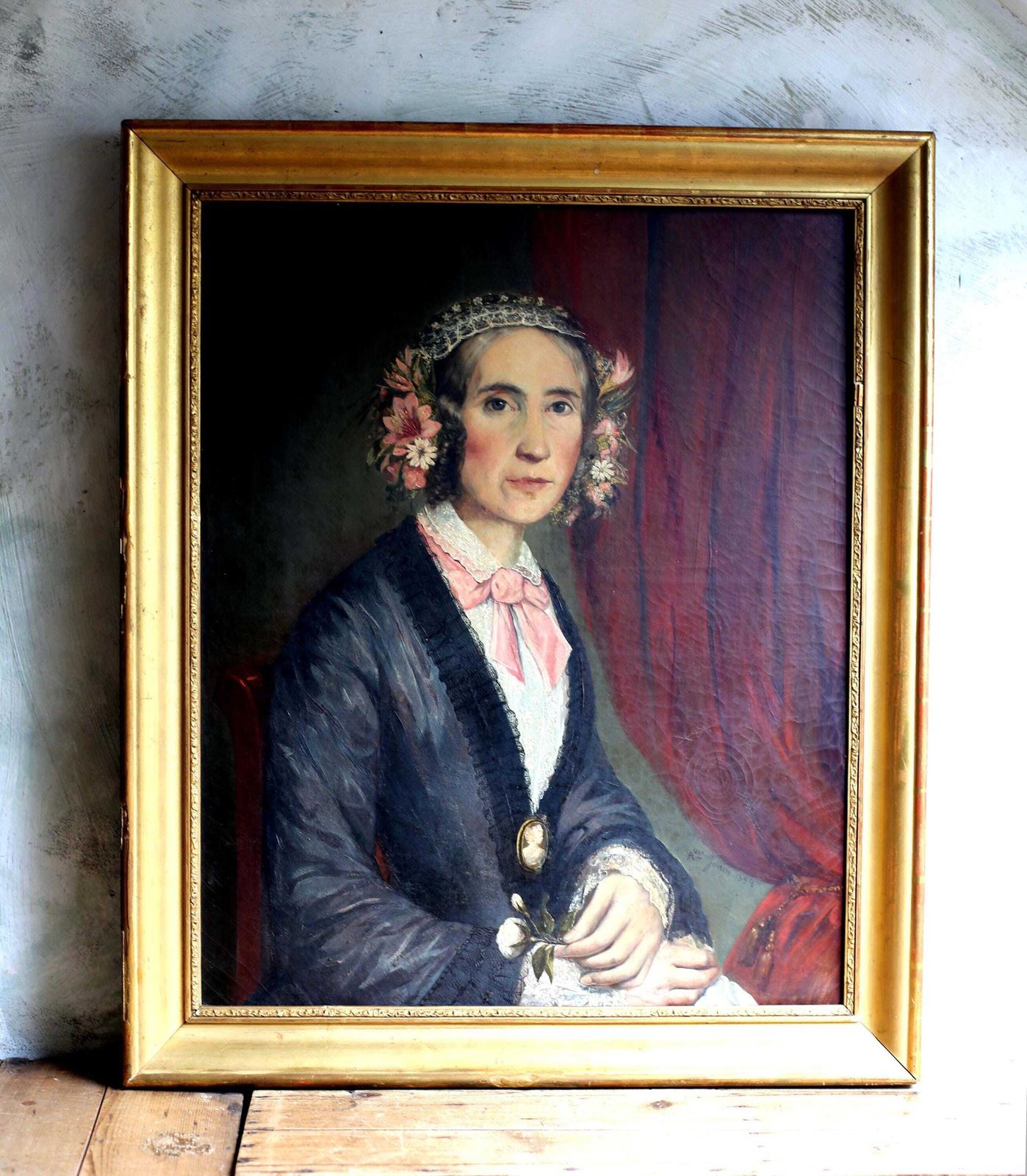 Large Antique Portrait Painting Of A Lady With Floral Headdress Framed Picture Of Woman