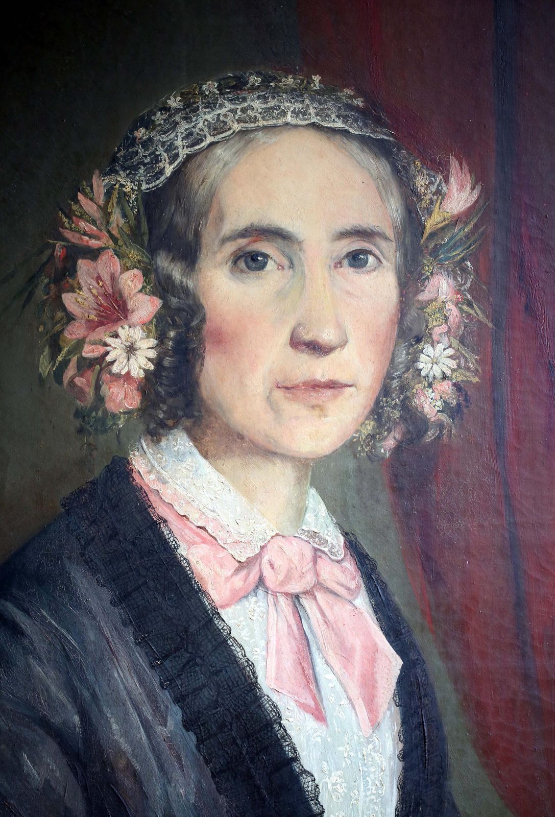 Large Antique Portrait Painting Of A Lady With Floral Headdress Framed Picture Of Woman photo for sale