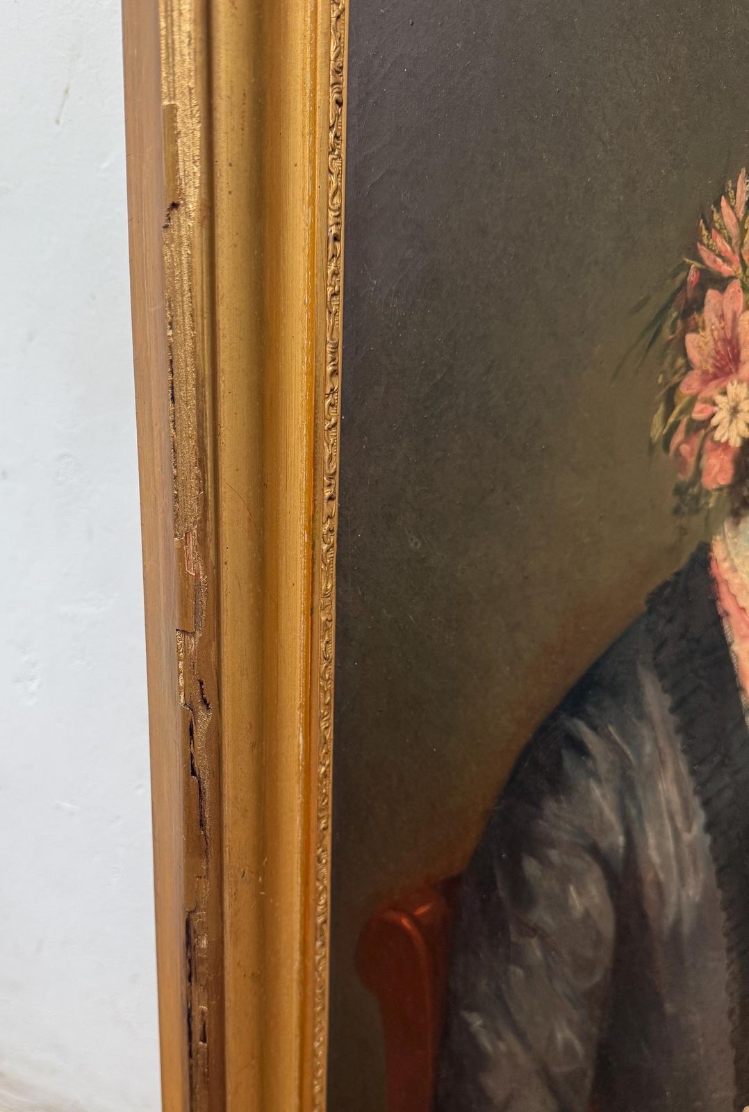 photo furniture Large Antique Portrait Painting Of A Lady With Floral Headdress Framed Picture Of Woman