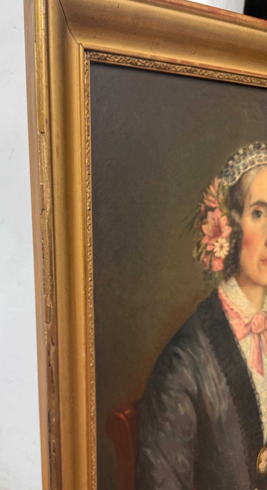 photo for sale Large Antique Portrait Painting Of A Lady With Floral Headdress Framed Picture Of Woman