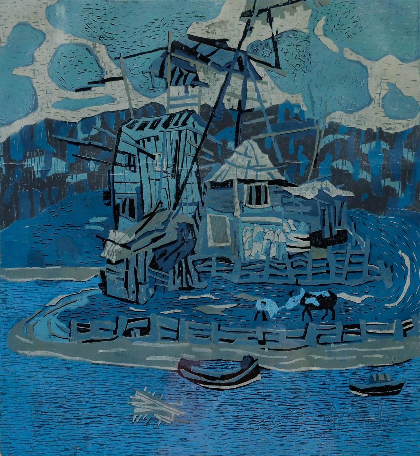 Shiwei Zhu 1995 Woodblock, Lakeside photo furniture