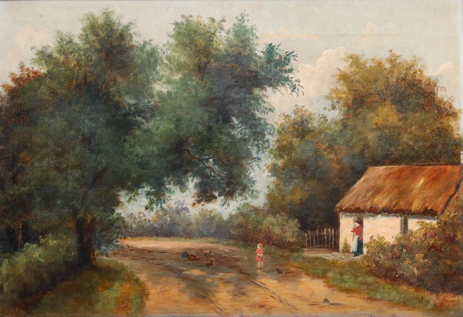 English School Late 19th Century Oil Feeding Chickens By The Cottage photo furniture