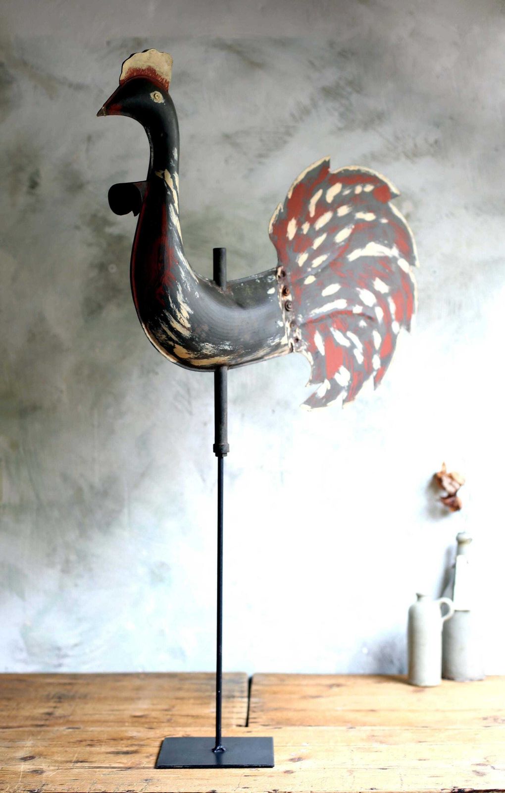 Antique Primitive Cockerel Weather Vane Early French Painted Tin Rooster Roof Ornament Folk Art photo furniture