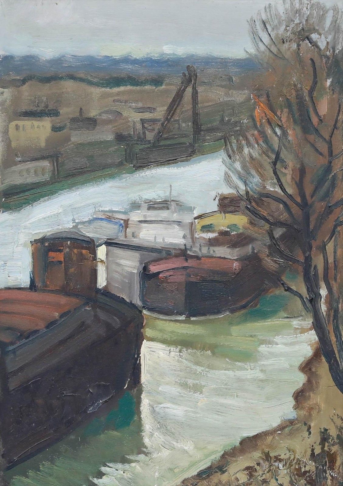French School Mid 20th Century Oil Barges On The Seine photo furniture