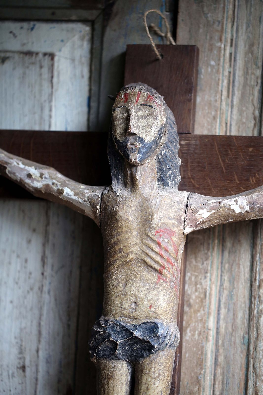 photo furniture Antique Polychrome Christ Figure Carved Wooden Crucifix Romanesque Style
