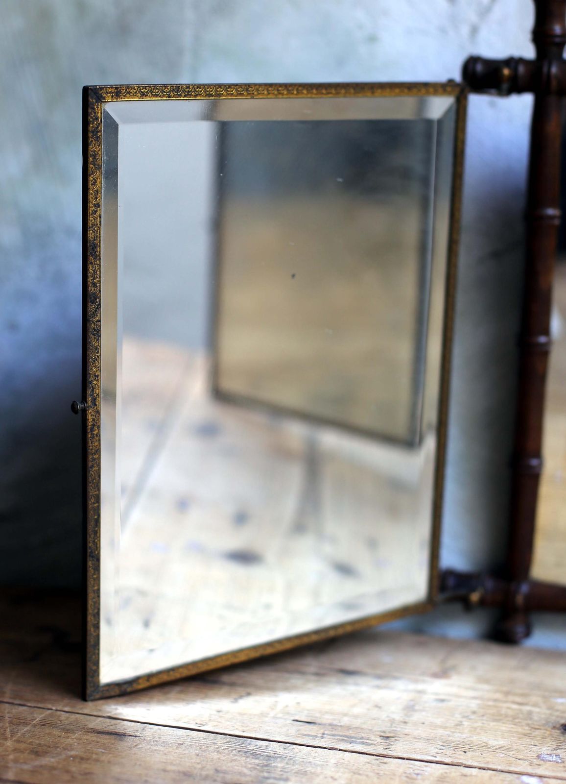 Antique French Folding Vanity Mirror: Foxed Mercury Glass, Faux Bamboo photo 195.0