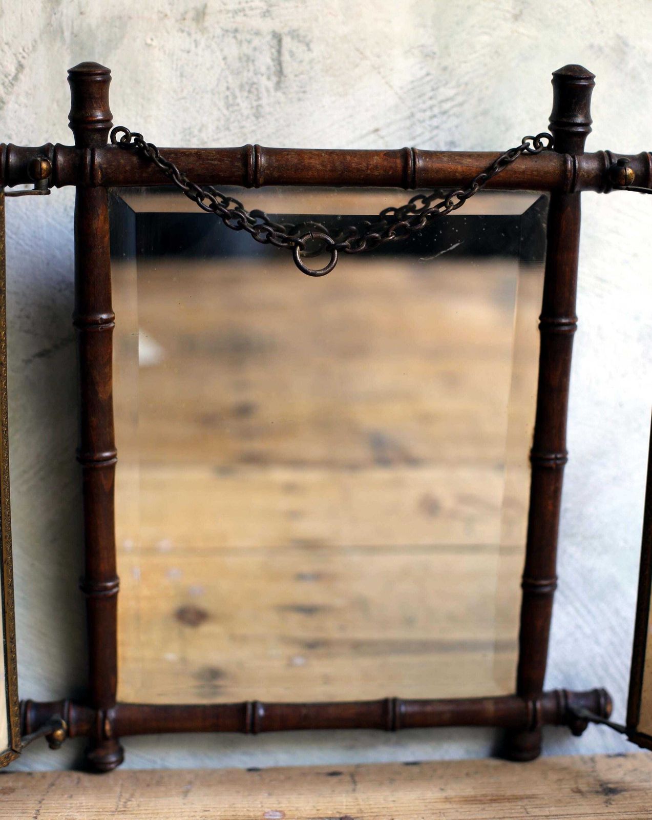 Antique French Folding Vanity Mirror: Foxed Mercury Glass, Faux Bamboo photo vinterior