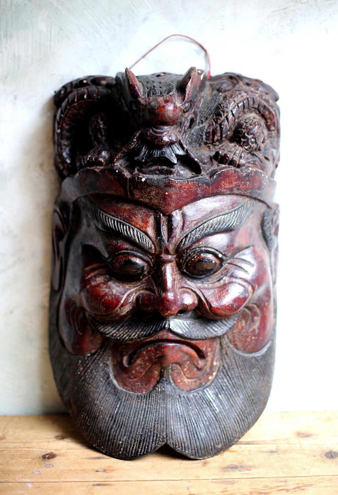 Huge Antique Wooden Mask Thai Bearded Man Face Folk Art Wall Hanging photo vintage