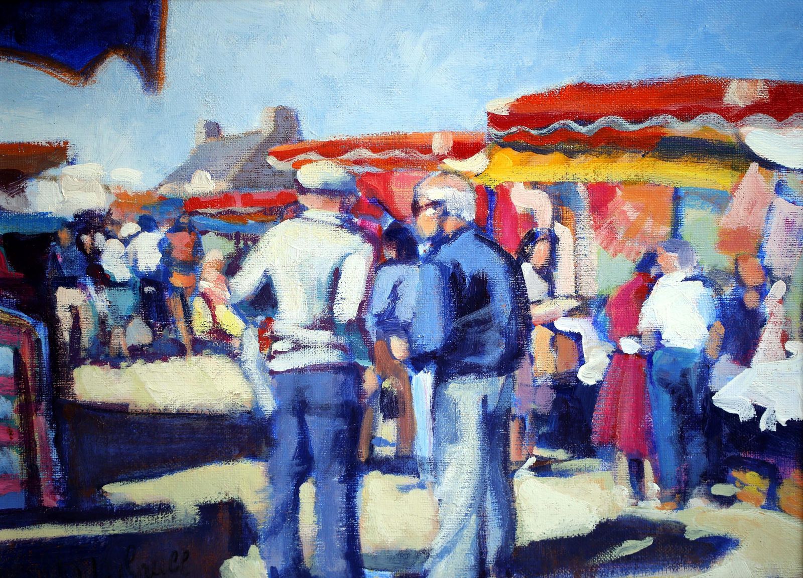 Vintage French Market Scene Oil Painting: Dinard Seaside Art By Marcel Lassauce, 1988 photo 195.0