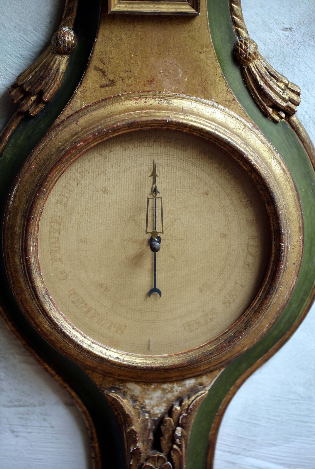 Antique Barometer Thermometer Louis XIV Style Green & Gilded Wood French Neoclassical Weather Instrument photo 596.0