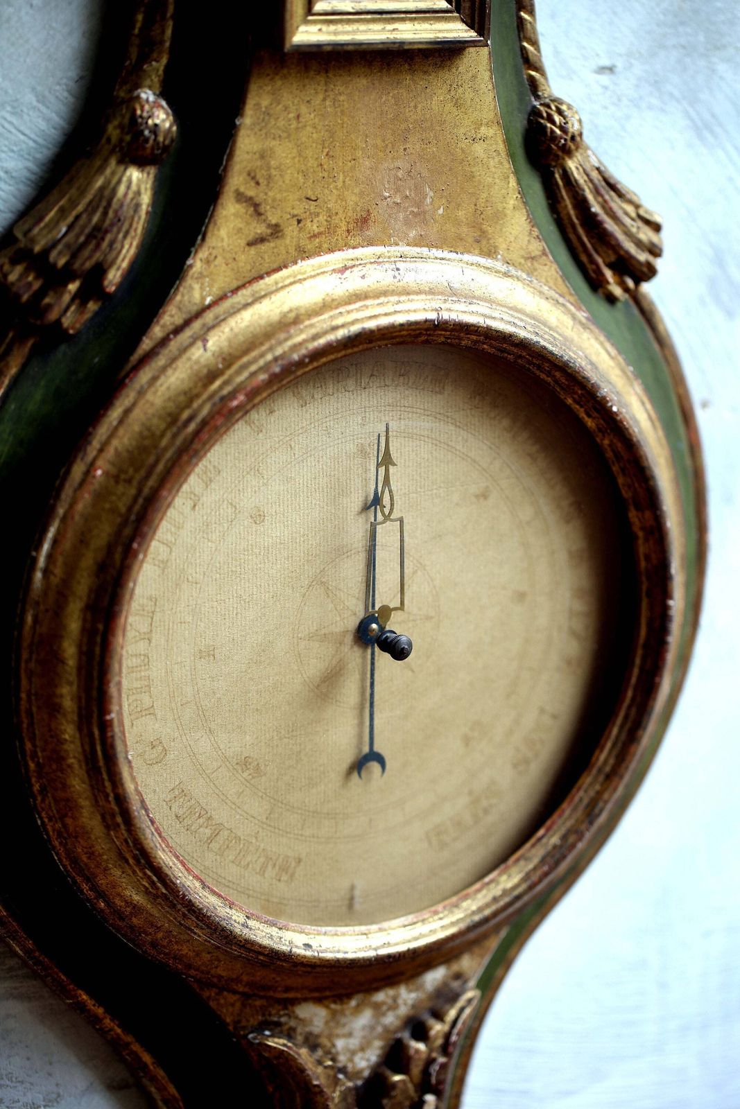 Antique Barometer Thermometer Louis XIV Style Green & Gilded Wood French Neoclassical Weather Instrument photo vintage