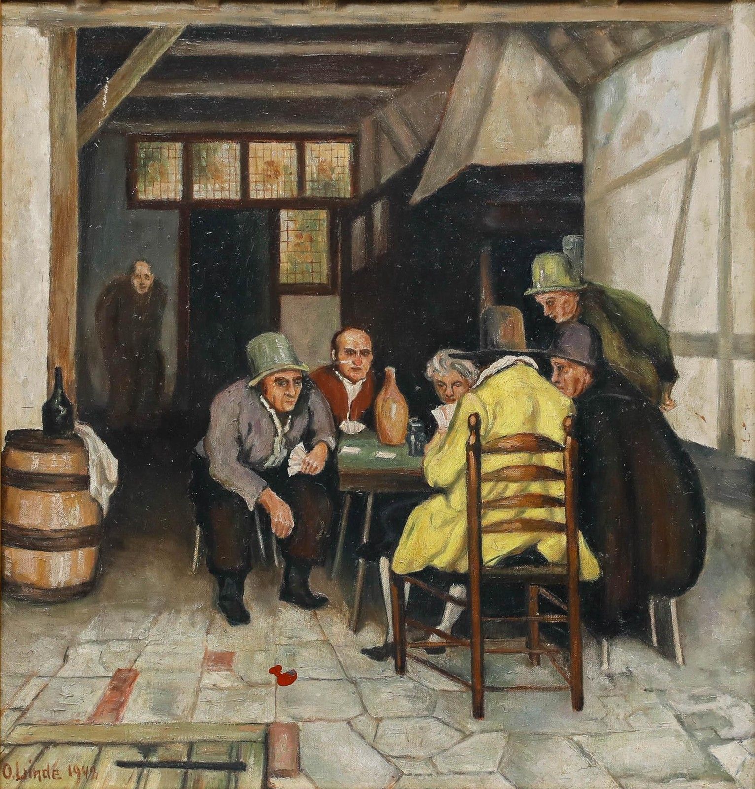 After Claus Meyer (1856 1919) 1942 Oil, The Card Game photo furniture