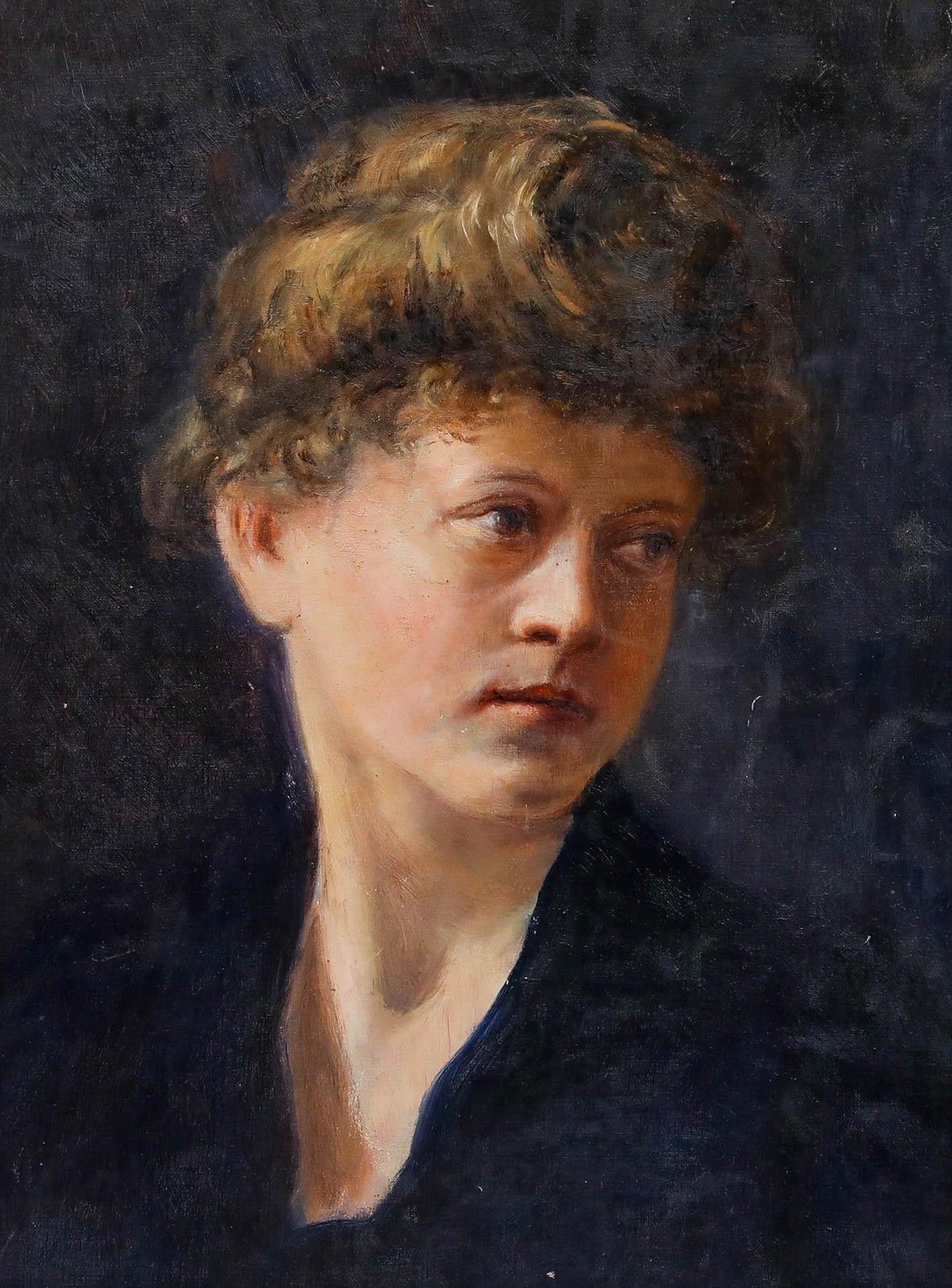 German School Early 20th Century Oil Lady In Navy photo furniture