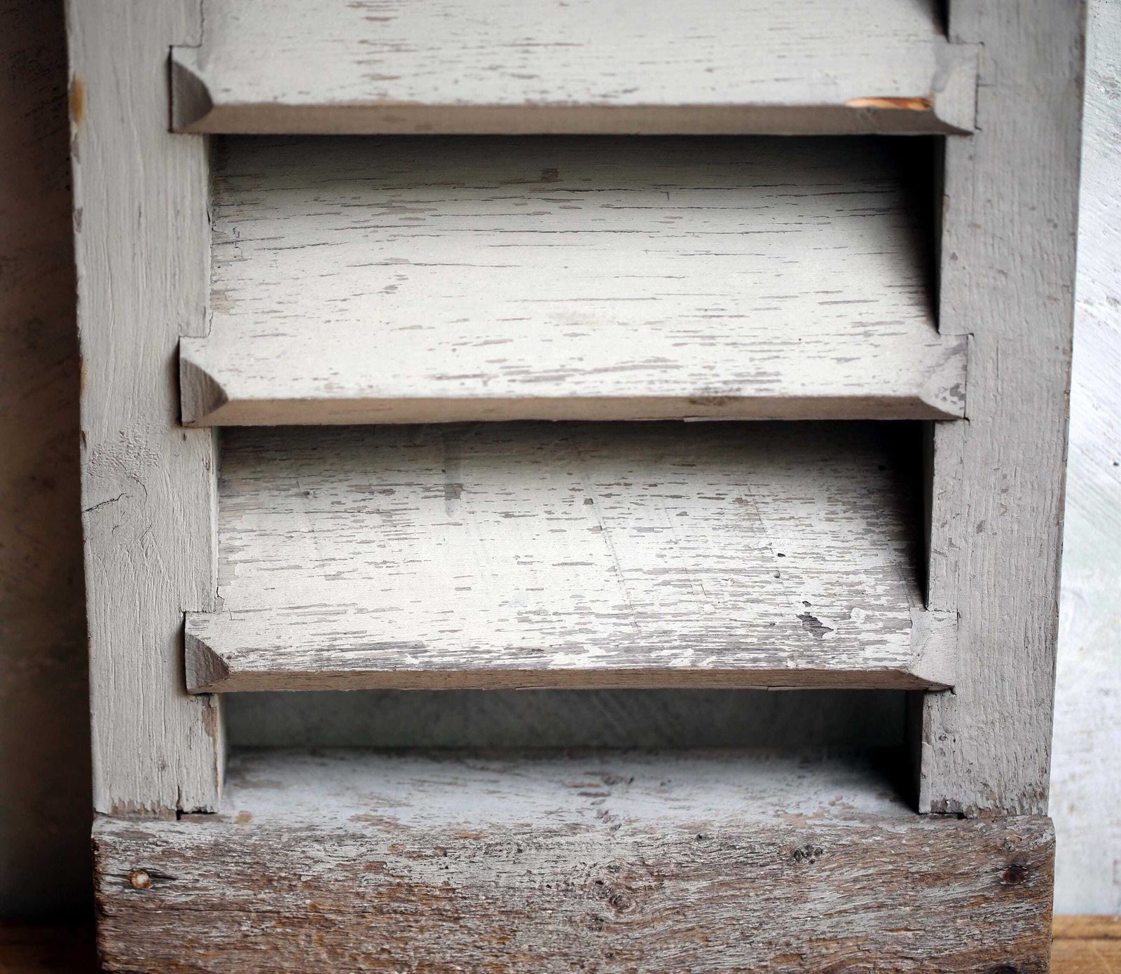 photo furniture Antique French Louvre Shutter Distressed Grey Painted Wood Architectural Salvage