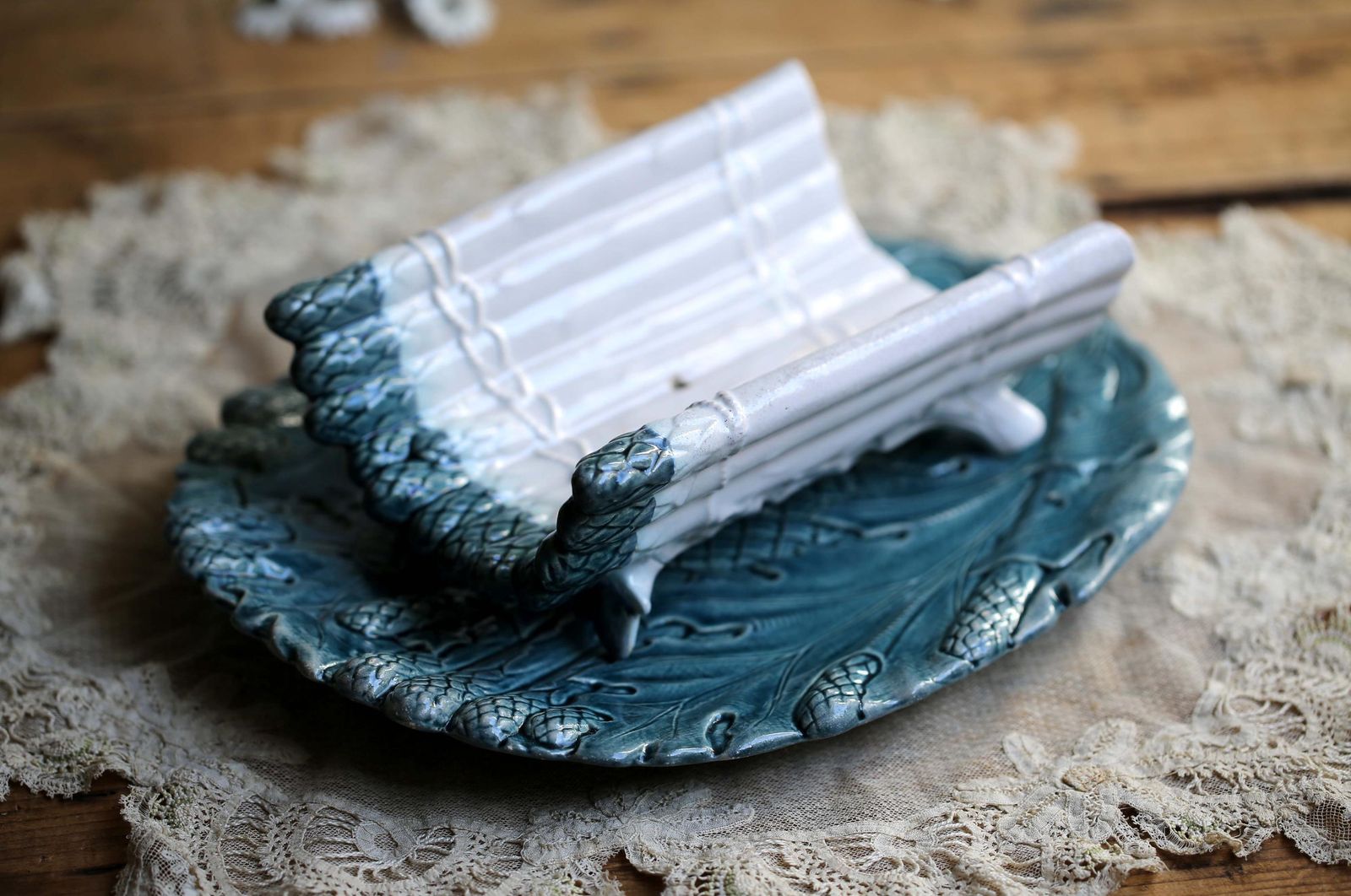 Antique Asparagus Set Drainer & Plate French Majolica Artichoke Serving Platter K.G Luneville photo furniture