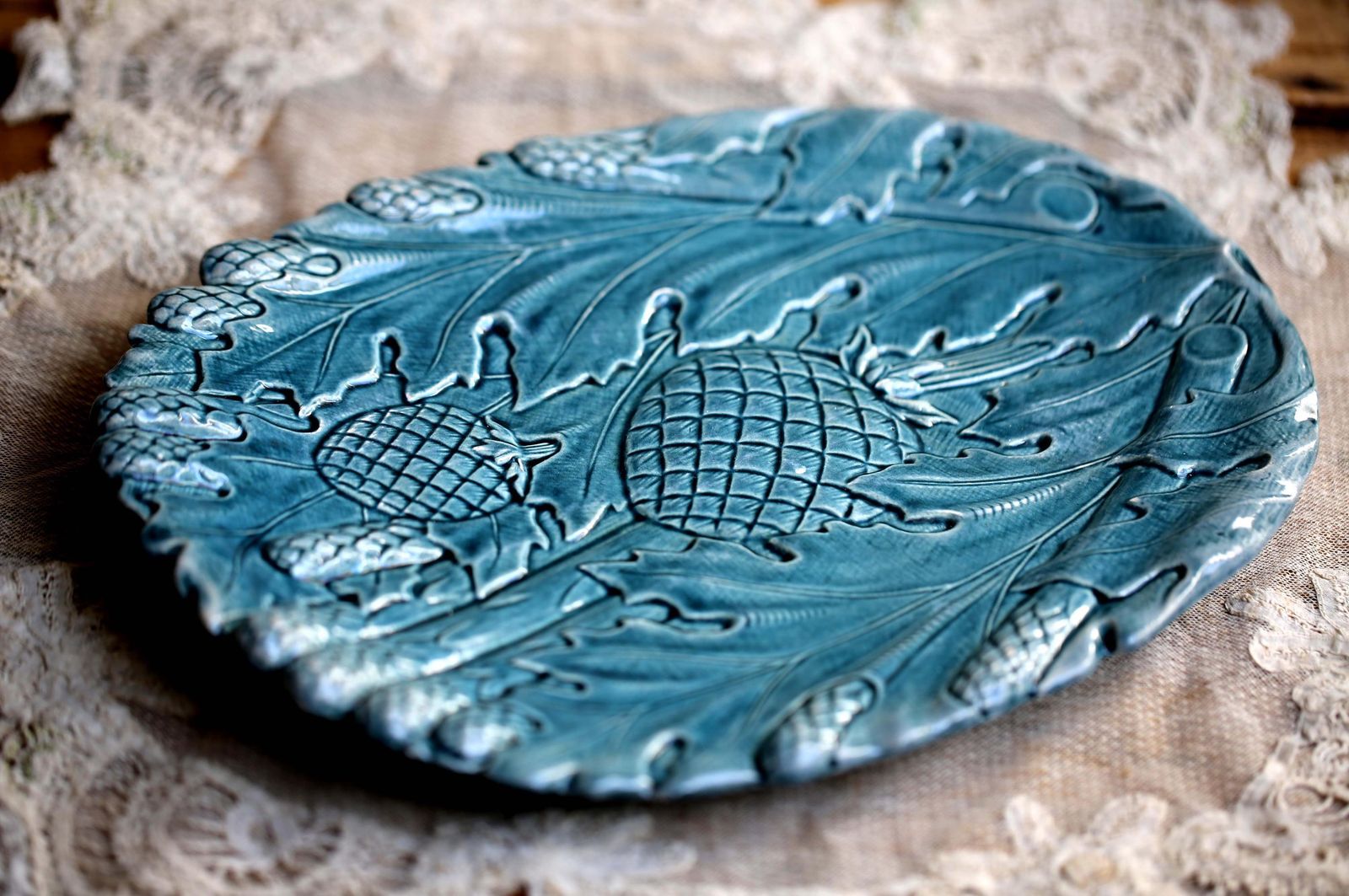 Antique Asparagus Set Drainer & Plate French Majolica Artichoke Serving Platter K.G Luneville photo 341.0