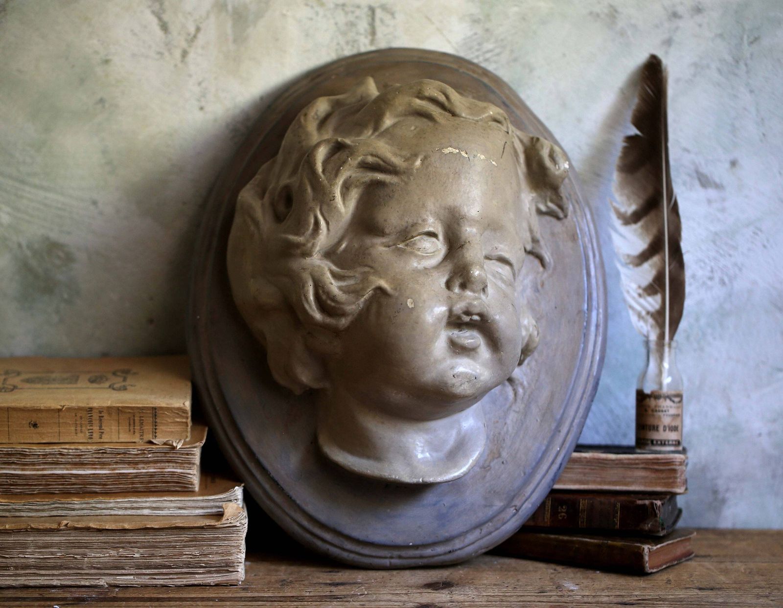 Large Antique Cherub Wall Plaque Angel Face High Relief Cupid Hanging Neoclassical Putti photo Art