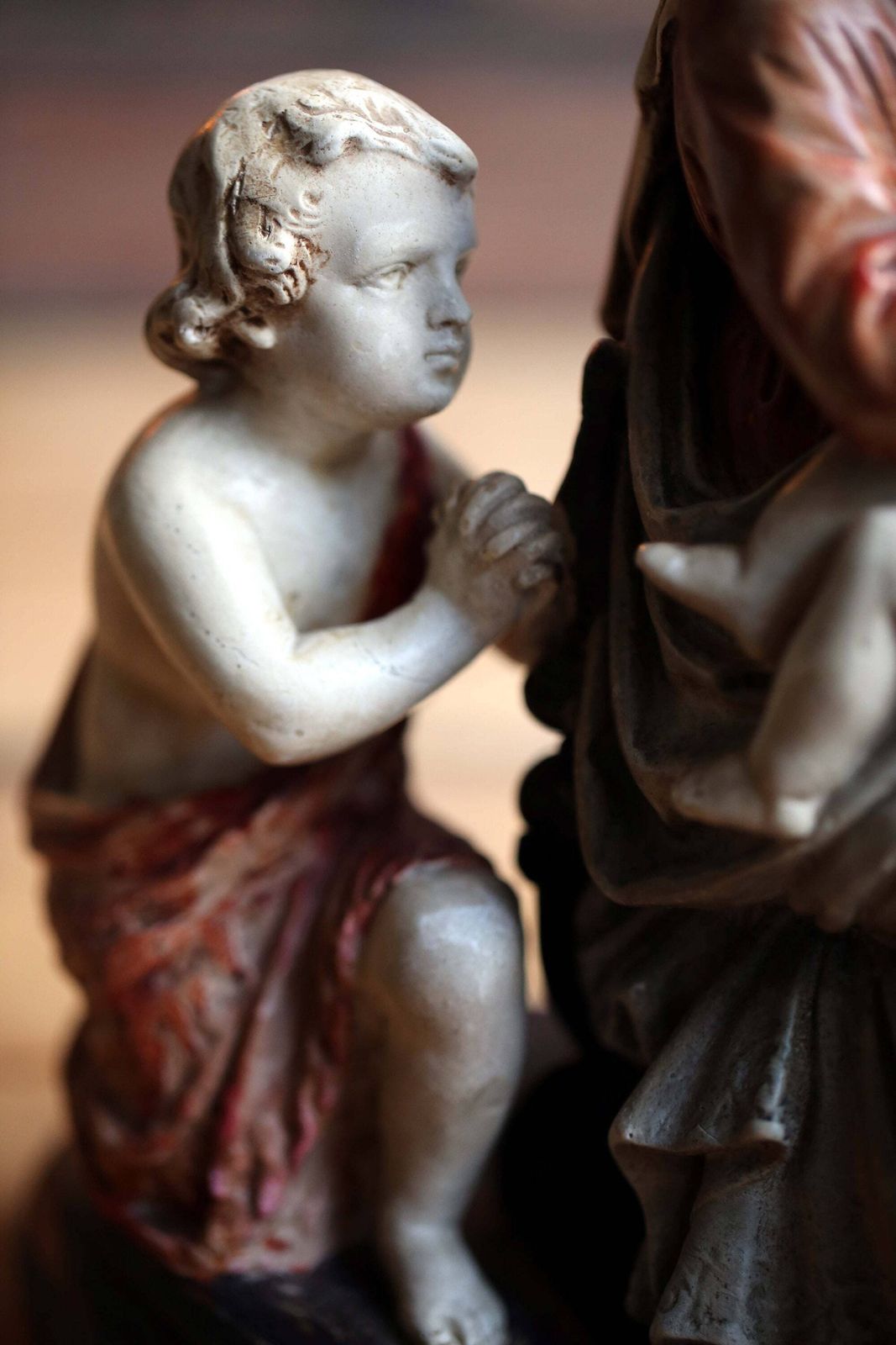 Antique French Memento Mori Chalkware Statue: Madonna, Jesus, Saint John photo vinterior