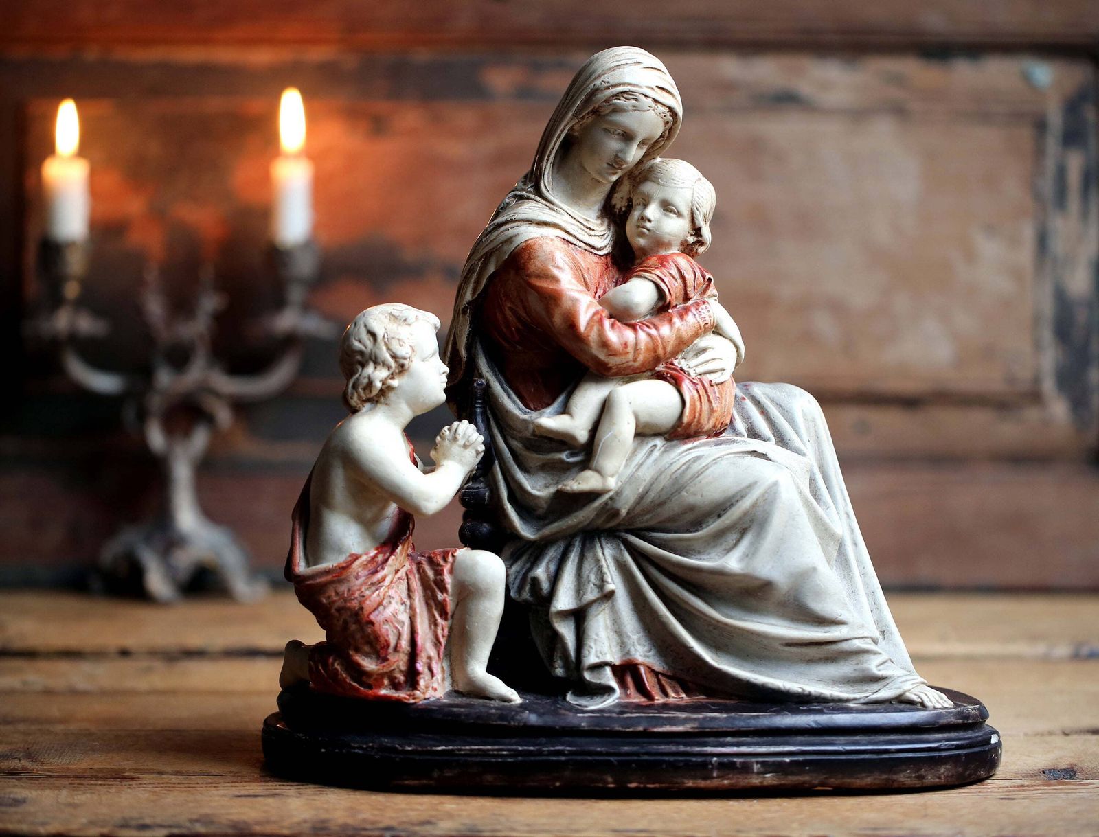 Antique French Memento Mori Chalkware Statue: Madonna, Jesus, Saint John photo buy