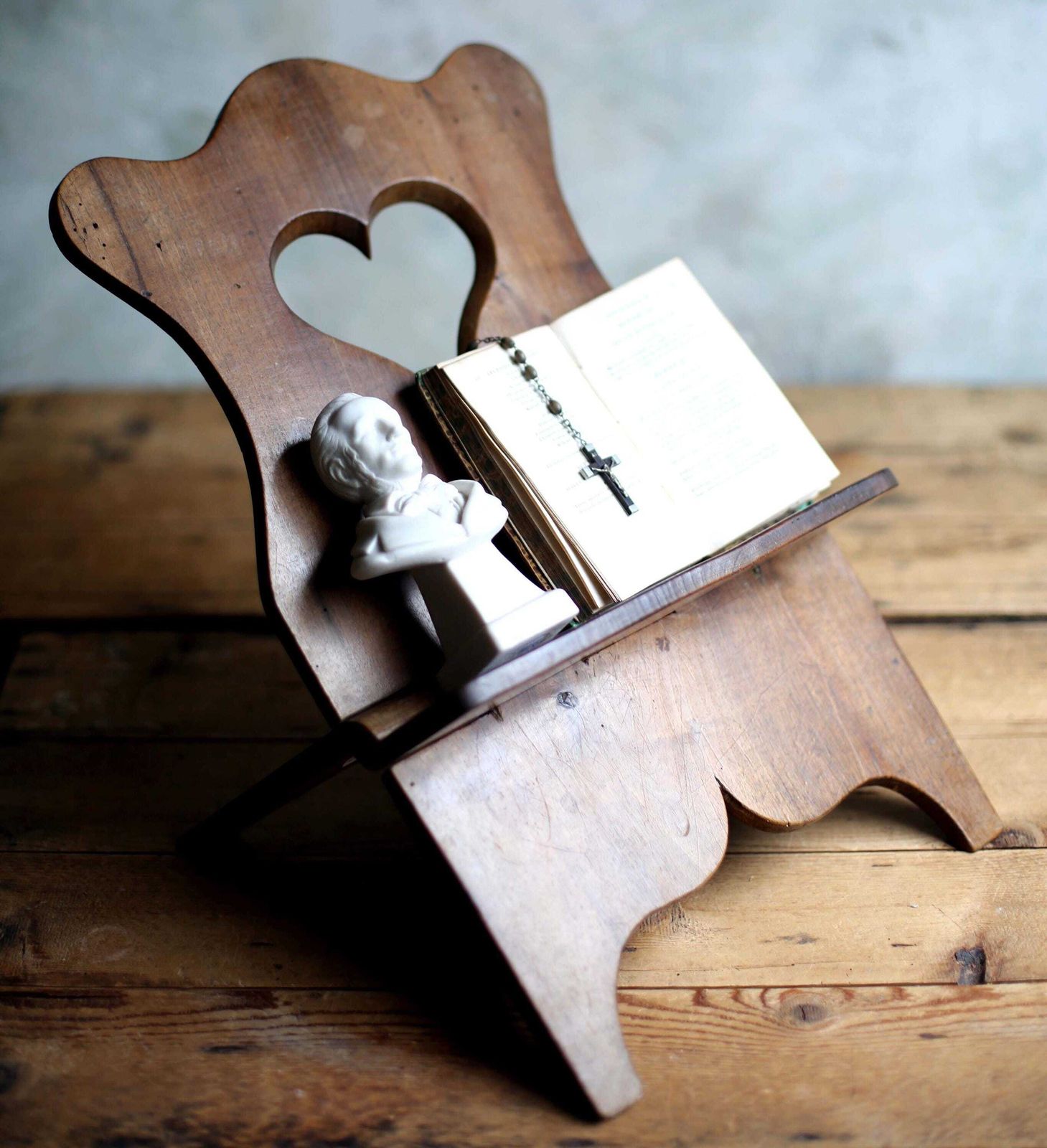 Antique Folding Book Stand: Hand Carved Wooden Bible Holder With Heart Detail photo for sale