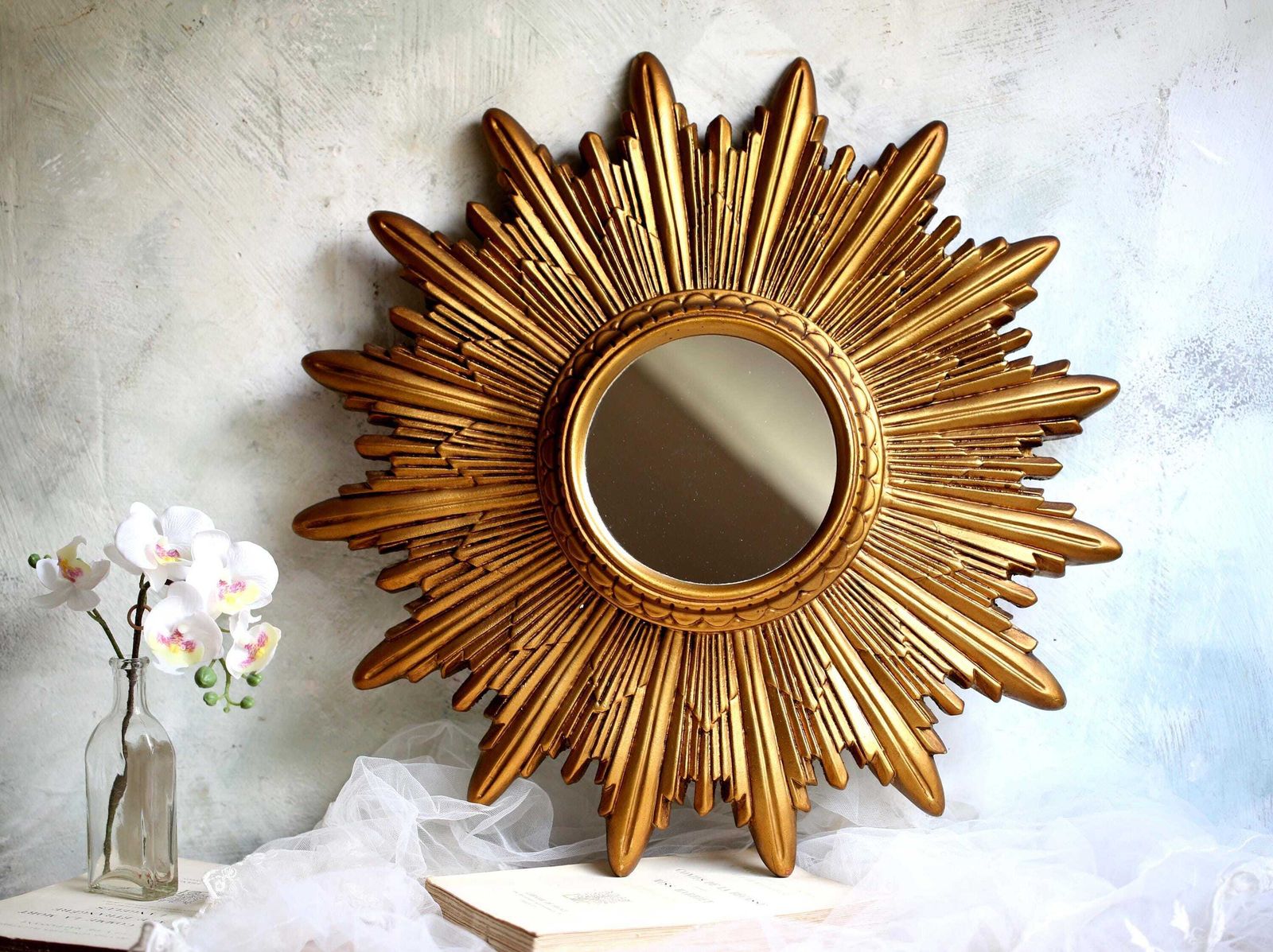 Large Antique French Gold Sunburst Mirror Plaster Sun Burst Star photo 323.0