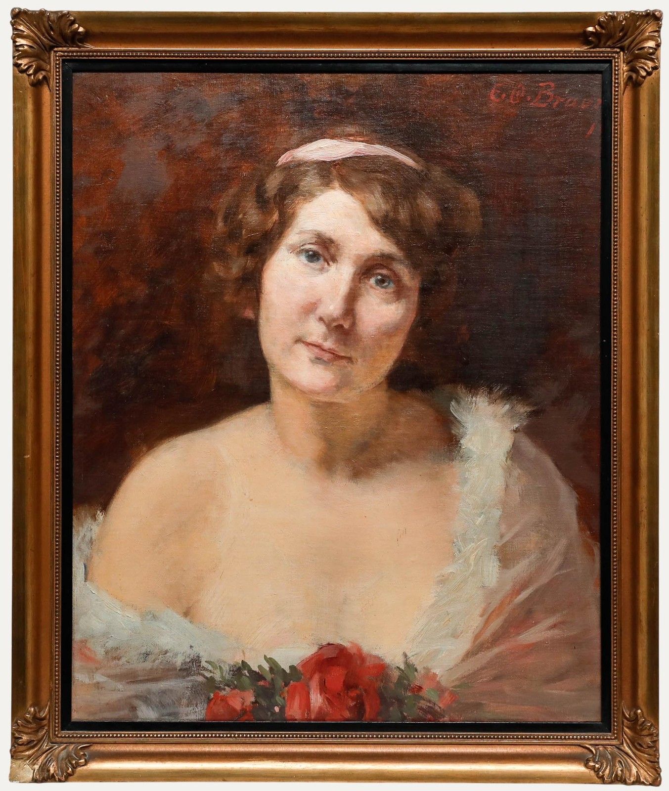 E. O. Braun German School Early 20th Century Oil, Lady With Roses