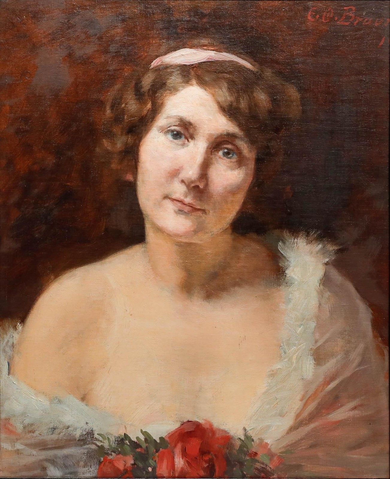 E. O. Braun German School Early 20th Century Oil, Lady With Roses photo furniture