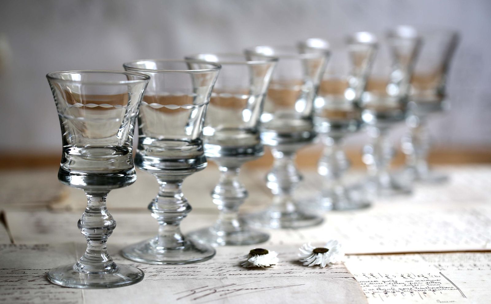 Set Of 7 Antique Glasses For Aperitif Handblown French Etched Sherry Port Glass photo for sale