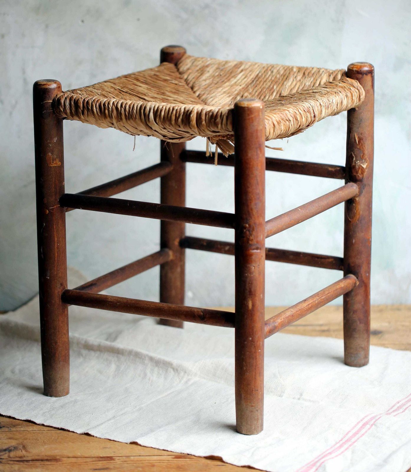 Antique French Wooden Stool With Woven Straw Seat photo furniture
