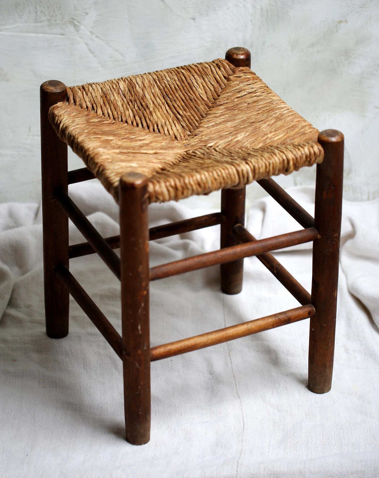 Antique French Wooden Stool With Woven Straw Seat photo buy