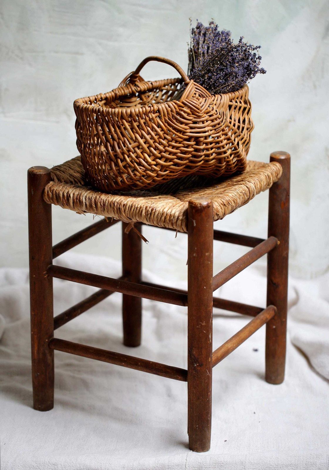 Antique French Wooden Stool With Woven Straw Seat photo vintage