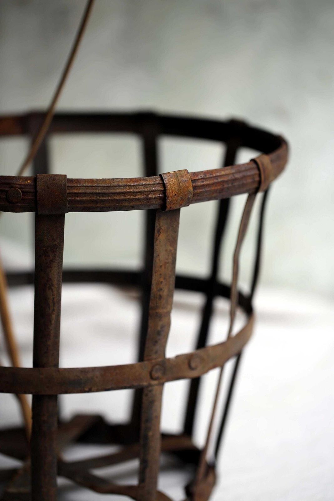 Antique French Iron Cage Demijohn Bottle Basket Large Round photo for sale