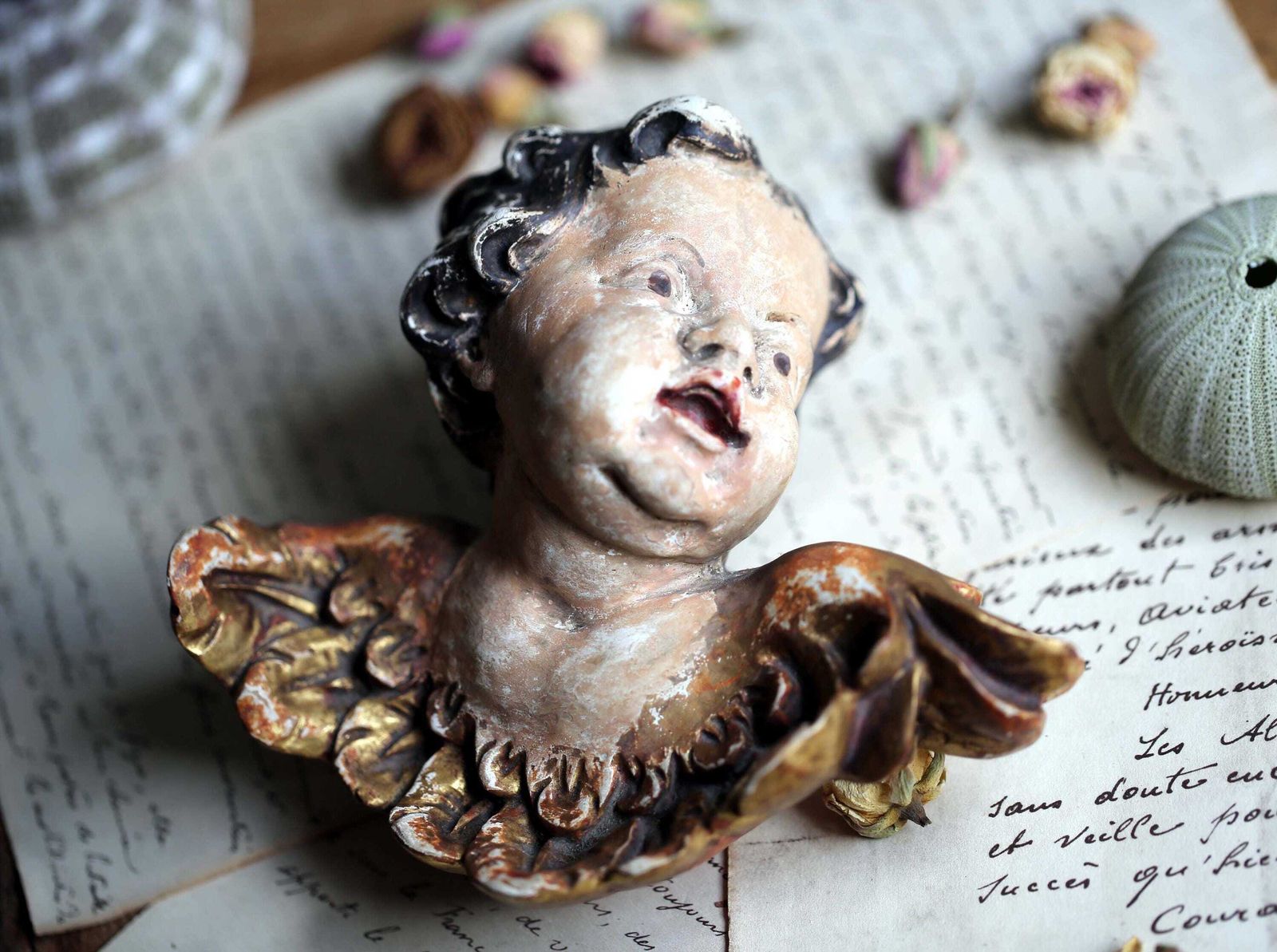 photo furniture Wall Plaque Gilded Winged Cherub Bas Relief Cupid Renaissance Style Putti