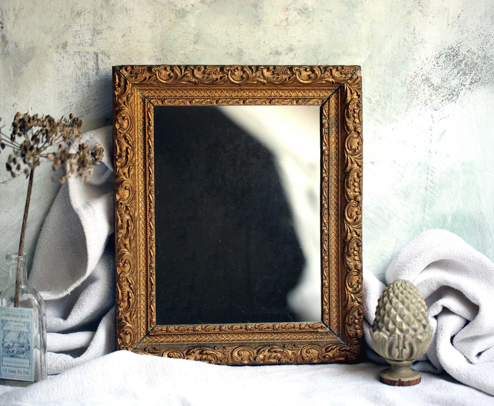 photo for sale Antique French Wall Mirror With Ornate Wooden Painted Gold Frame Rococo
